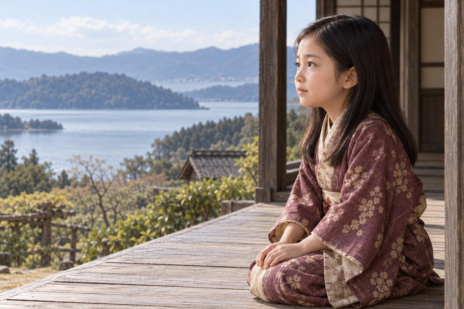 近江の湖と山並みを望む幼いお初。顔・衣服・場所はAIによる想像復元(AI生成イメージ)