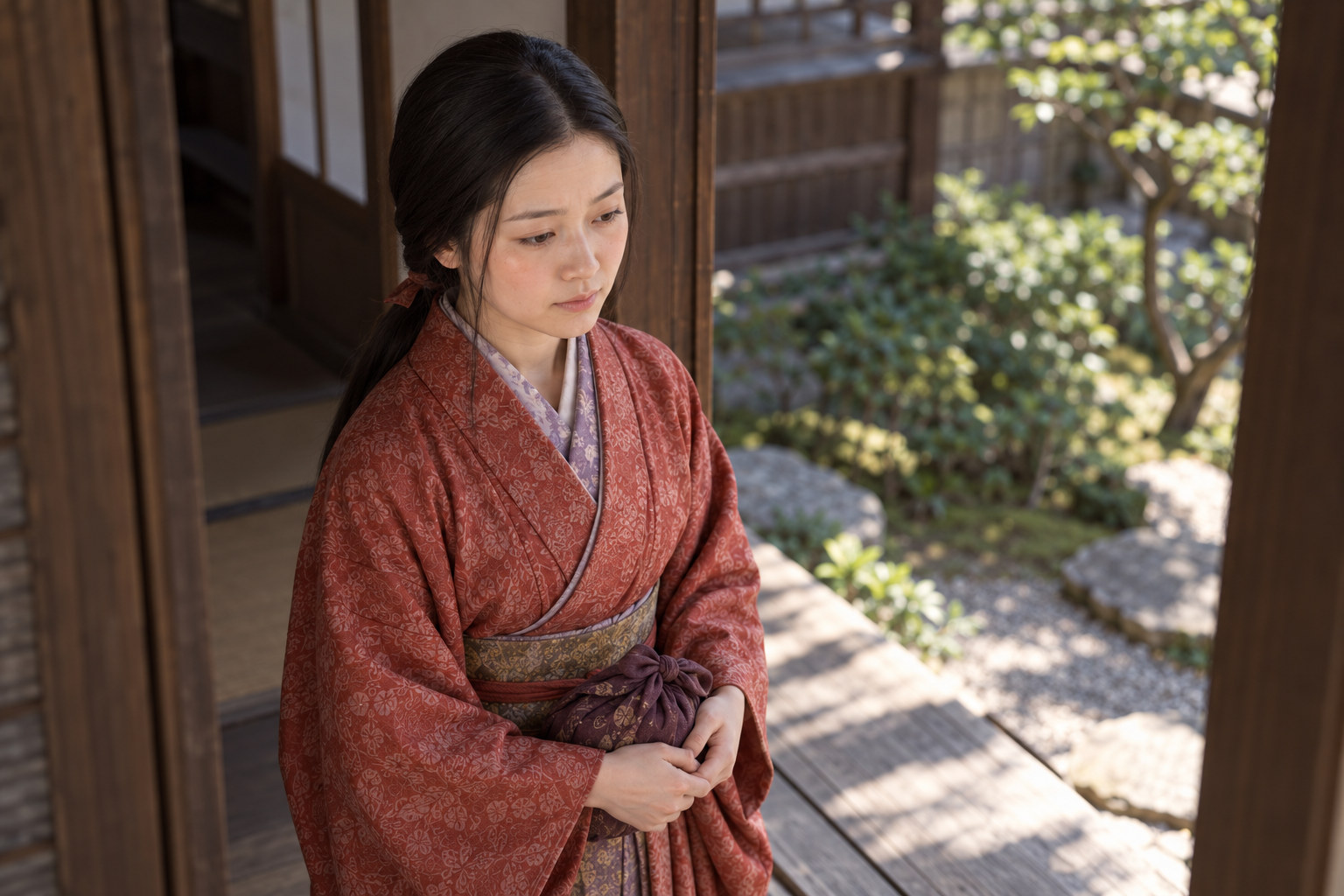 包みを抱えて屋敷の戸口に立つ十代のお初。北ノ庄を離れる時期を題材とする想像復元(AI生成イメージ)