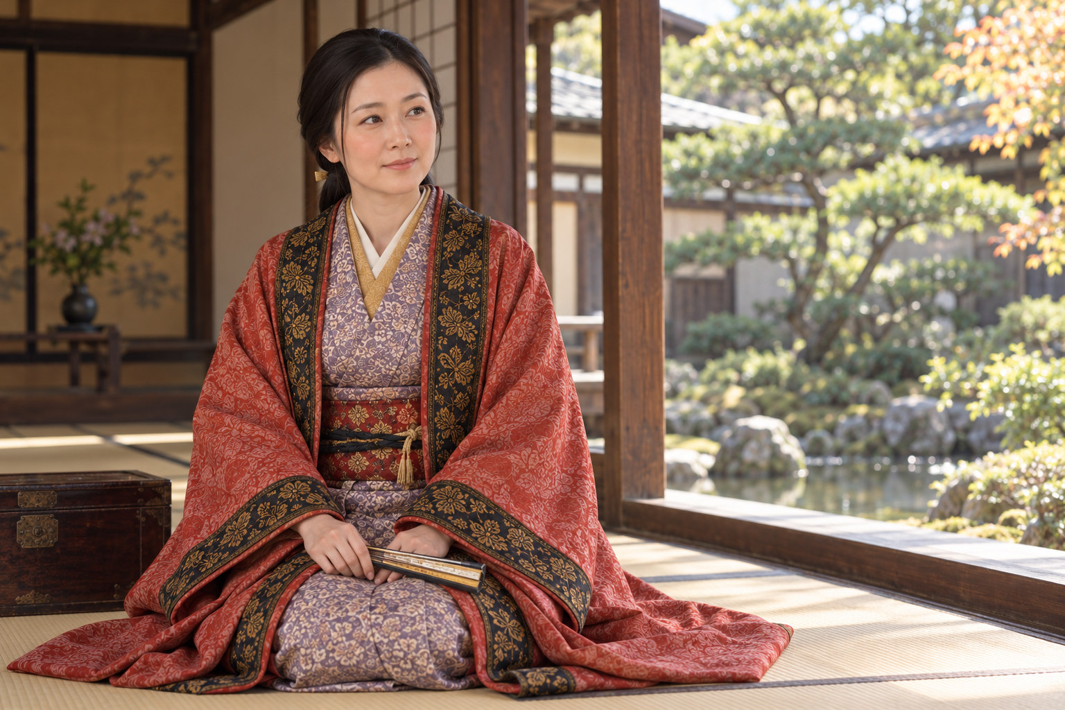 扇を持って庭を眺める若いお初。京極高次との婚姻期を題材にした想像復元(AI生成イメージ)