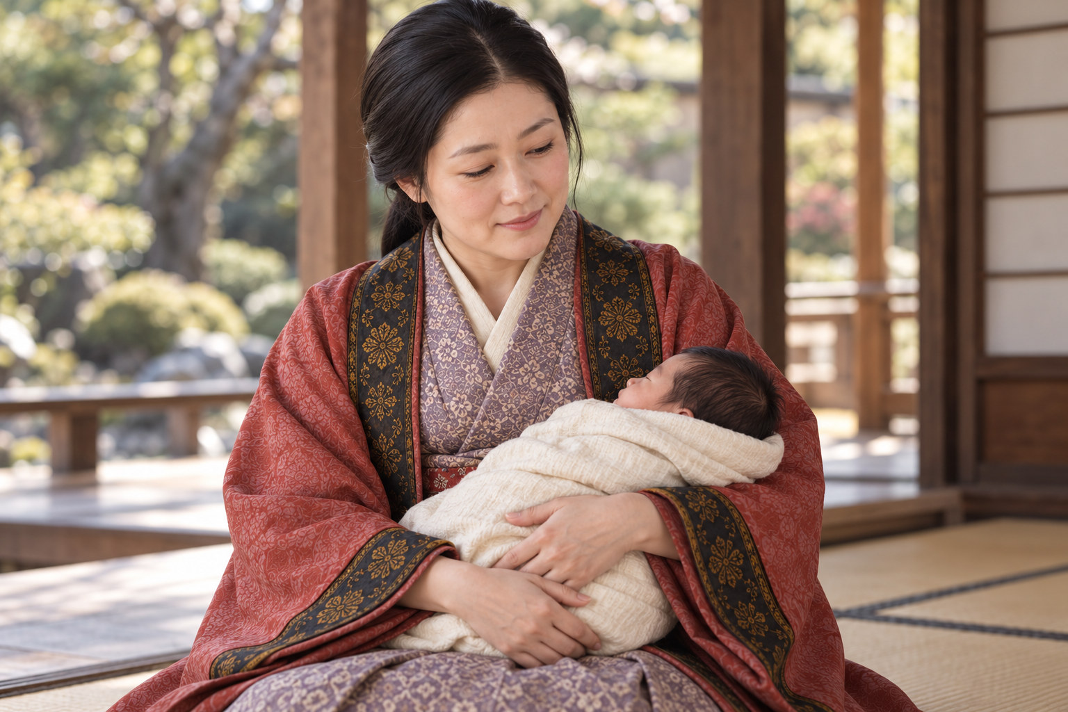 幼い子を抱く出家前のお初。養女を迎えたことにちなむ想像復元で、抱き方や場面の記録はない(AI生成イメージ)