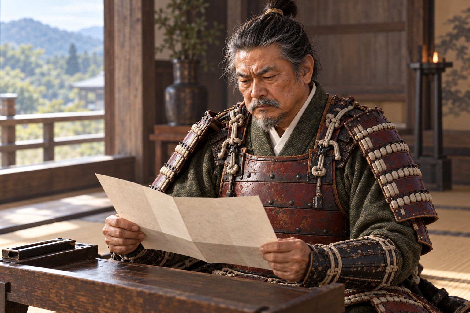 武田家の書状を読む元信の想像図（AI生成イメージ）