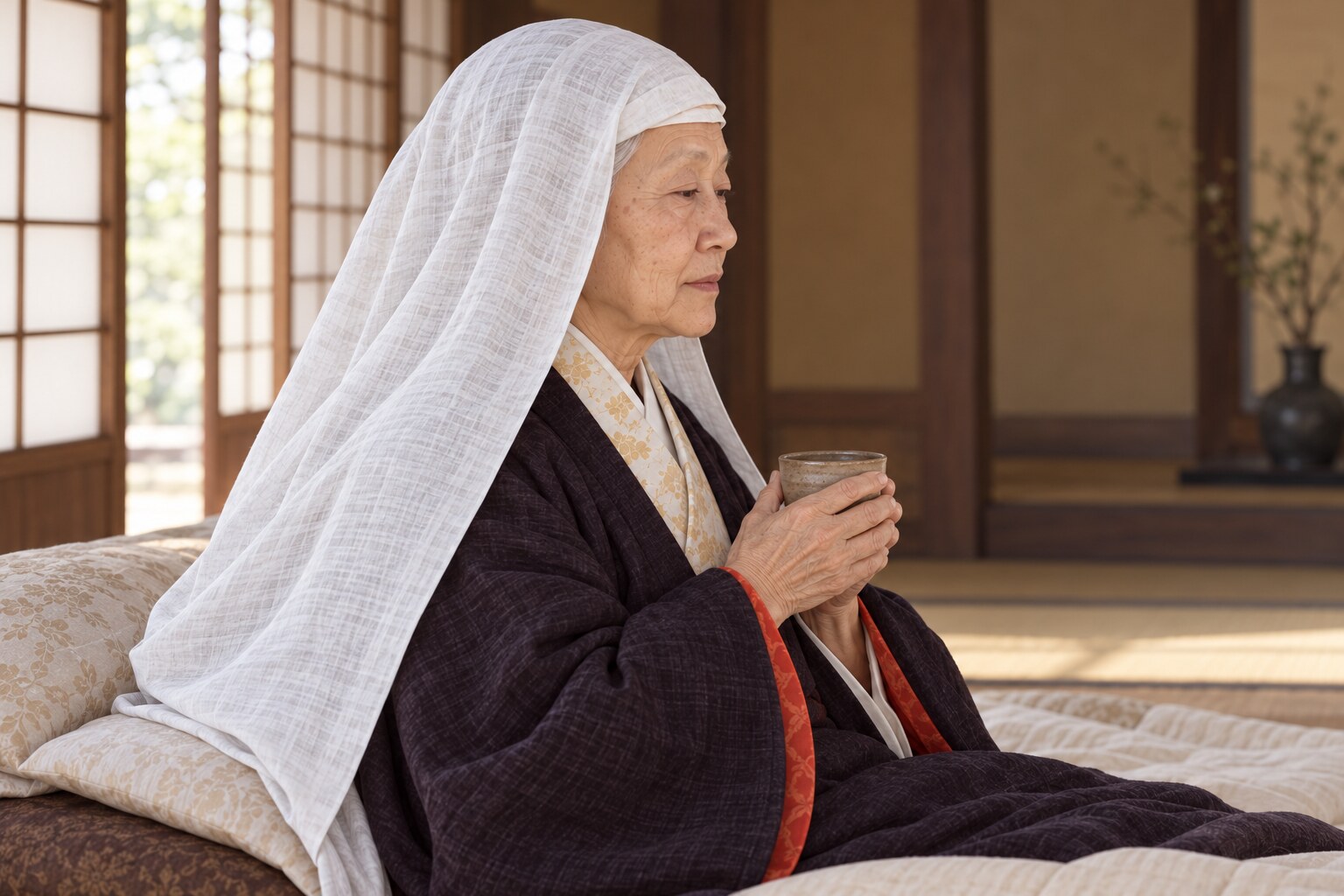 病後に静養する大政所をイメージした場面（AIによる想像復元。病名や治療法の再現ではない）（AI生成イメージ）