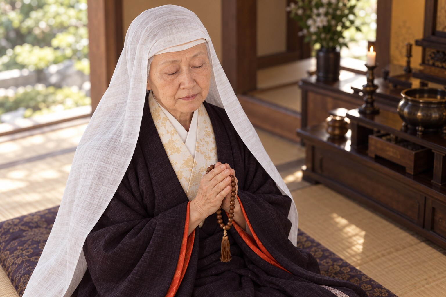 晩年の大政所の祈りをイメージした場面（AIによる想像復元。特定の法要を再現したものではない）（AI生成イメージ）