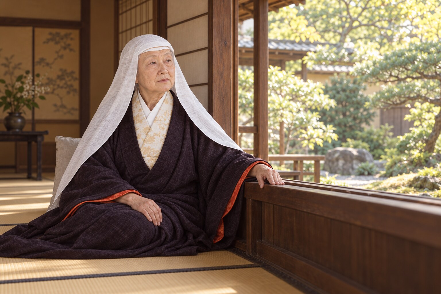 1592年ごろの大政所を京都の住まいに配した場面（AIによる想像復元。臨終の再現ではない）（AI生成イメージ）