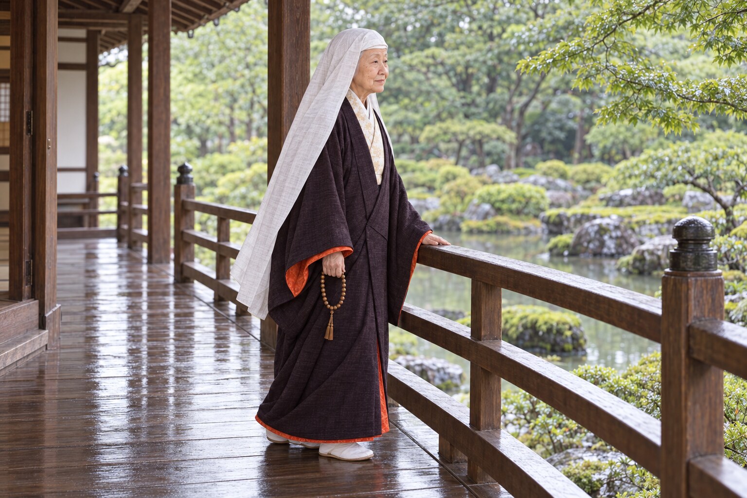 寺院の庭を歩く晩年の大政所のイメージ（AIによる想像復元。天瑞寺への参詣記録や建物の復元ではない）（AI生成イメージ）