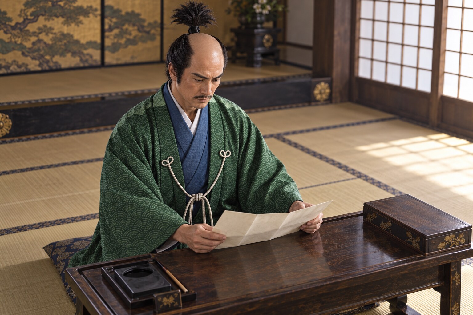 大坂城で書状を扱う治長の想像場面（AI生成イメージ）