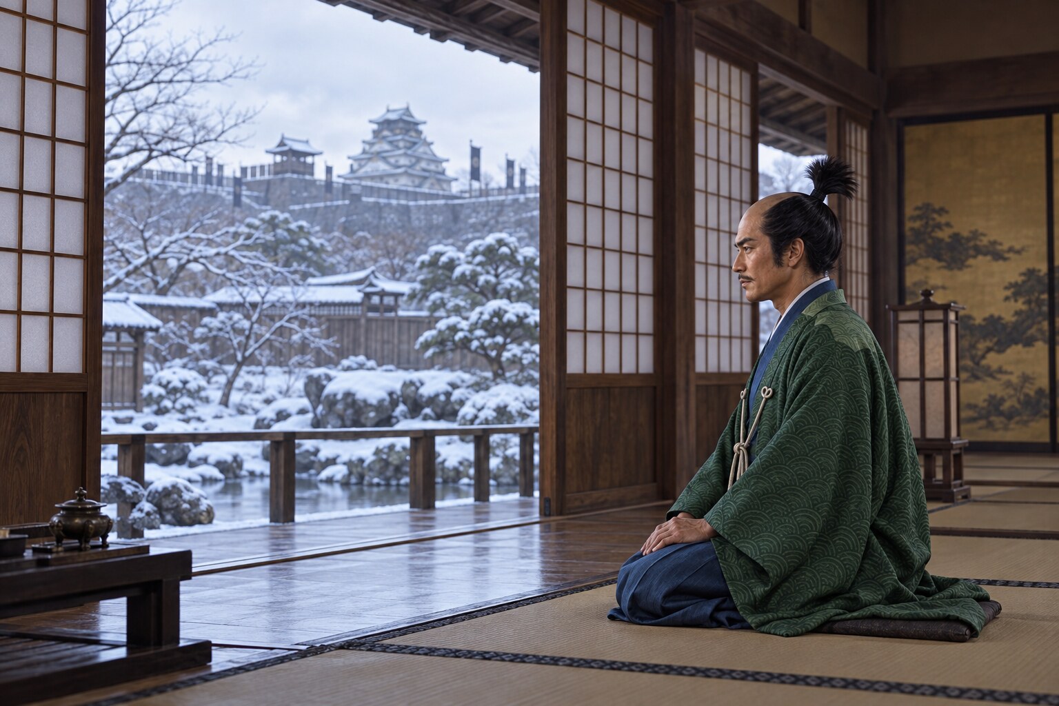 冬の大坂城で講和に向き合う治長の想像図（AI生成イメージ）