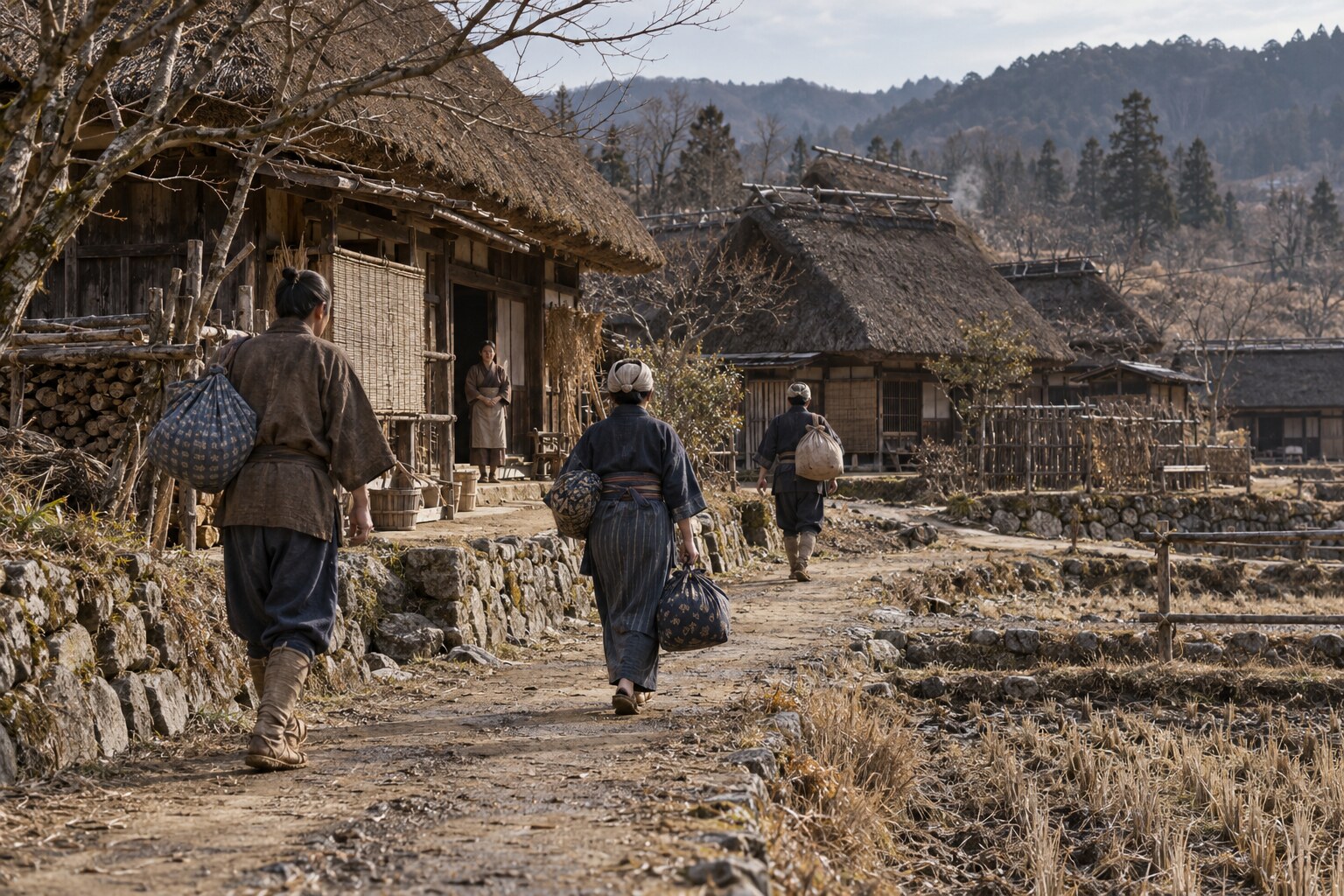 講和後の帰村を表す摂津の村落の想像図（AI生成イメージ）
