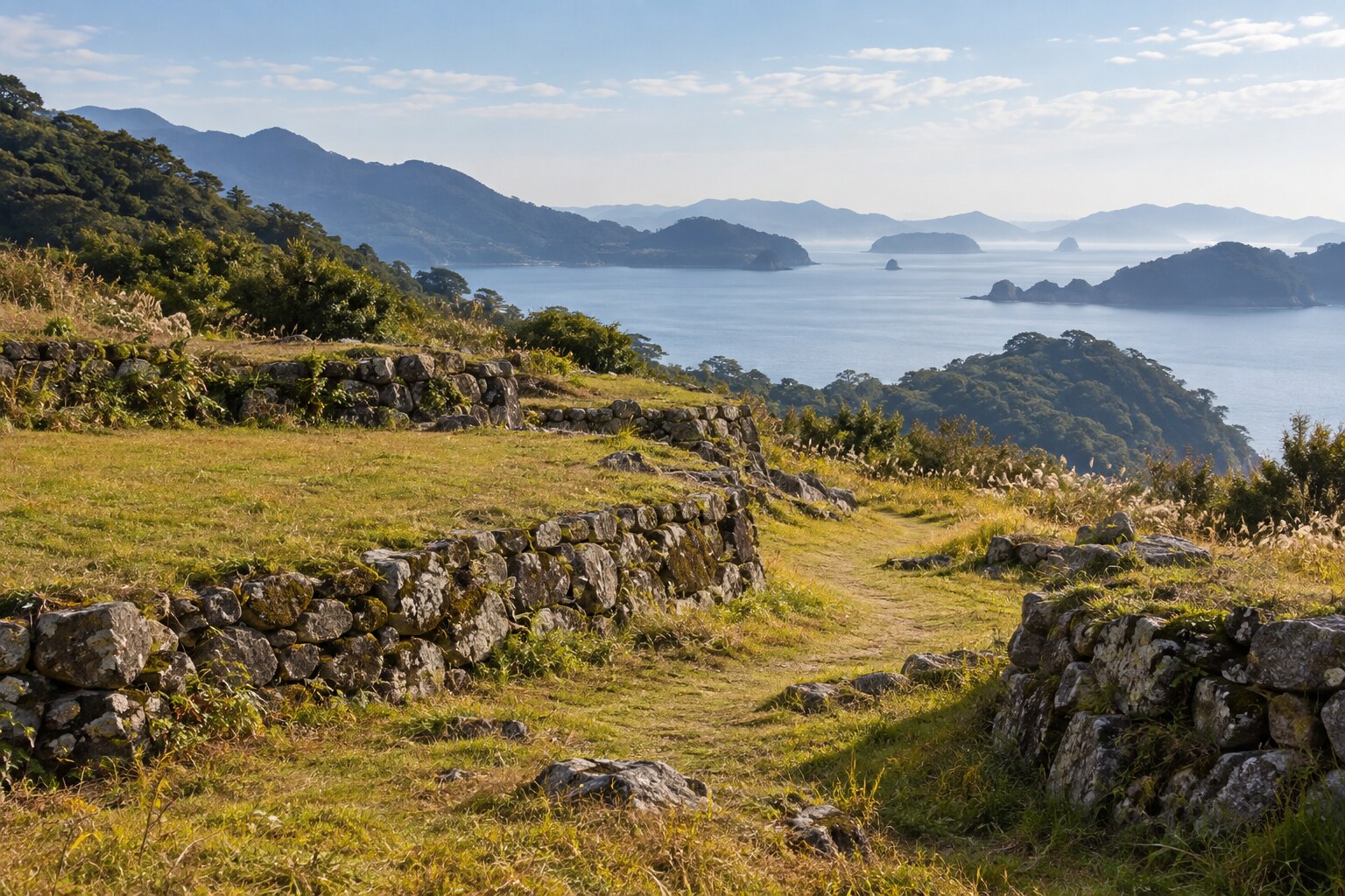 名護屋の陣跡を連想させる草地と石積みの想像図（AI生成イメージ）