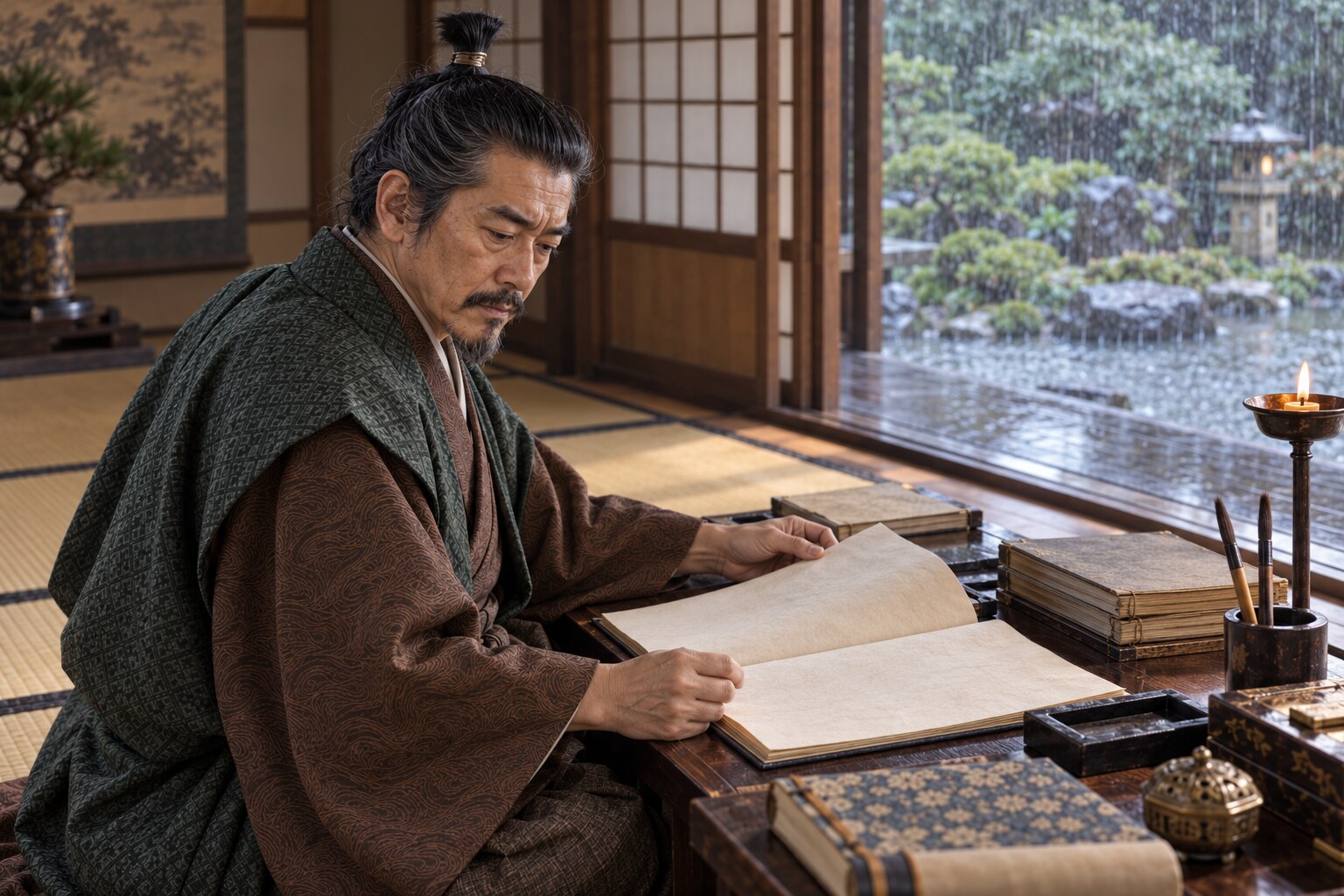 桶狭間の記録を読み返す牛一をイメージした想像図（AI生成イメージ）