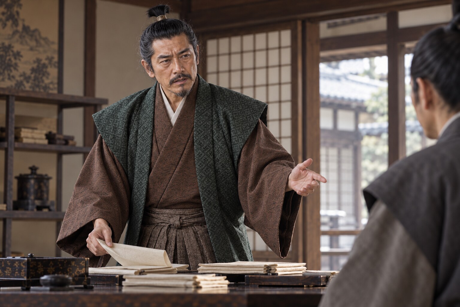 奉行として人と話す牛一をイメージした想像図。相手は特定の歴史人物ではない（AI生成イメージ）