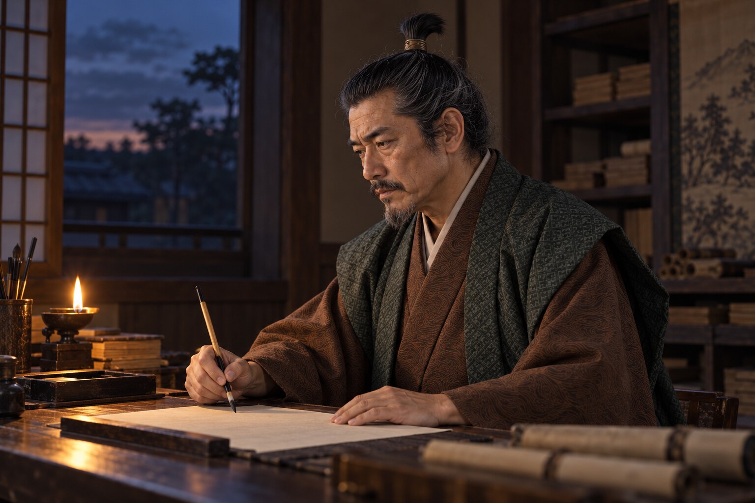 主君を失った時代の記録に向き合う牛一の想像図。本能寺の目撃場面ではない（AI生成イメージ）
