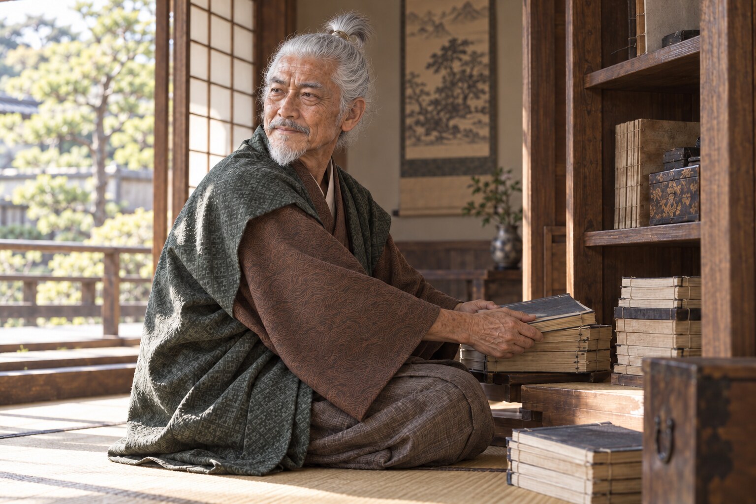 書物を整理する牛一の想像図。実際の年齢や伝来文書の姿を再現したものではない（AI生成イメージ）