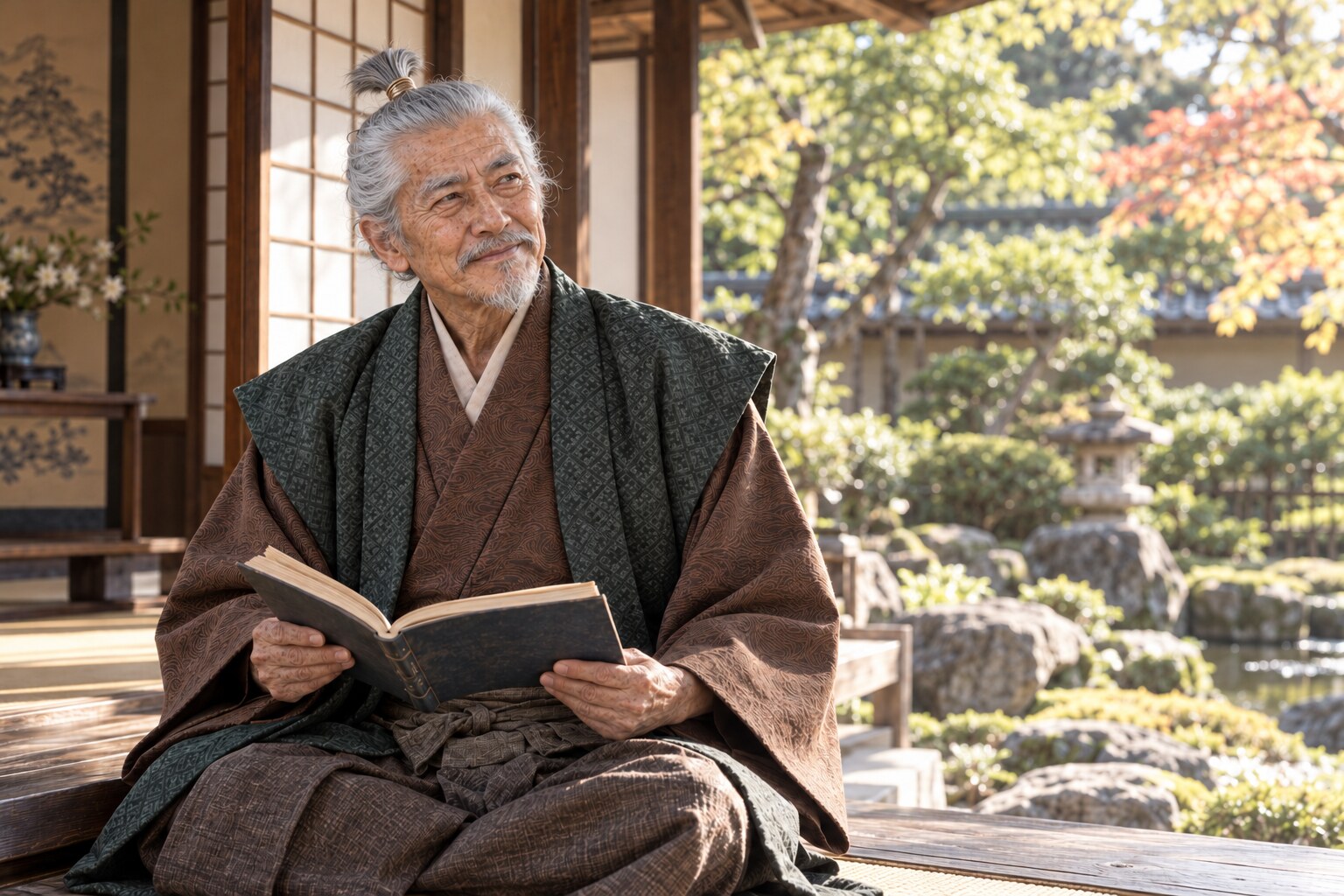 書物から顔を上げる牛一の想像図（AI生成イメージ）