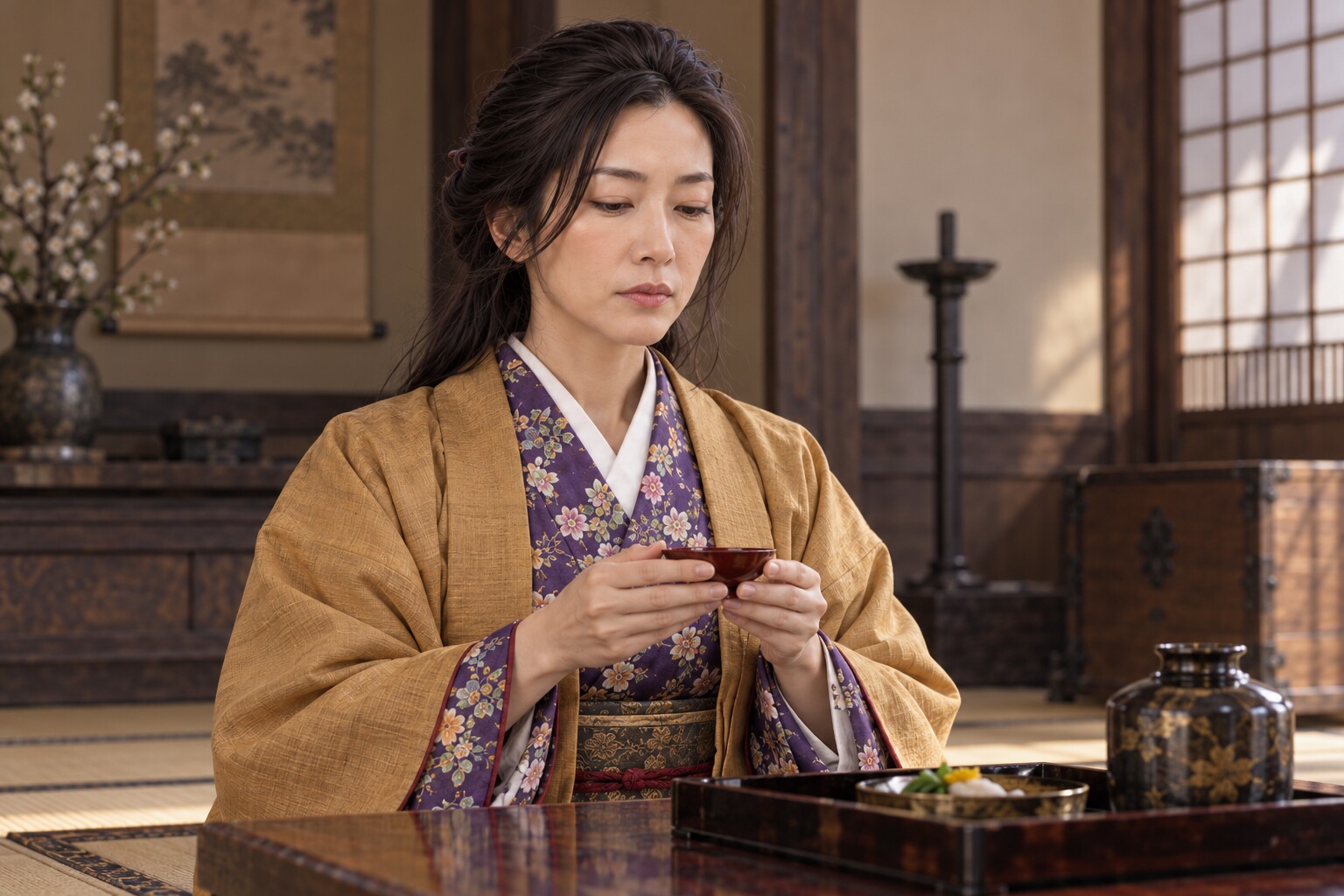 秋山虎繁との婚姻を題材にしたおつやの方の想像図。婚礼の儀式や会話の再現ではない(AI生成イメージ)