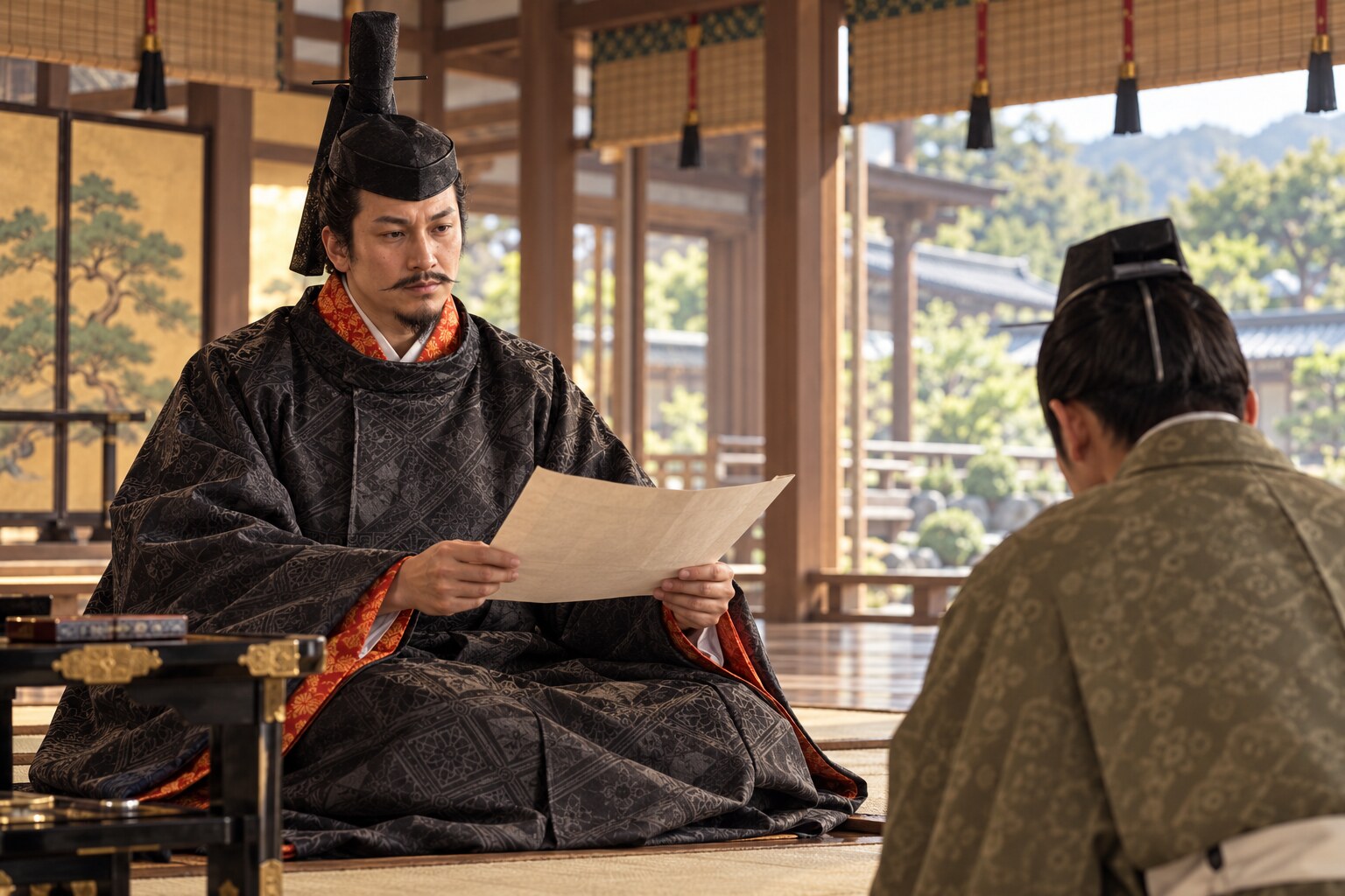 若い当主が文書を受け取る山口の館のイメージ（AI生成イメージ）