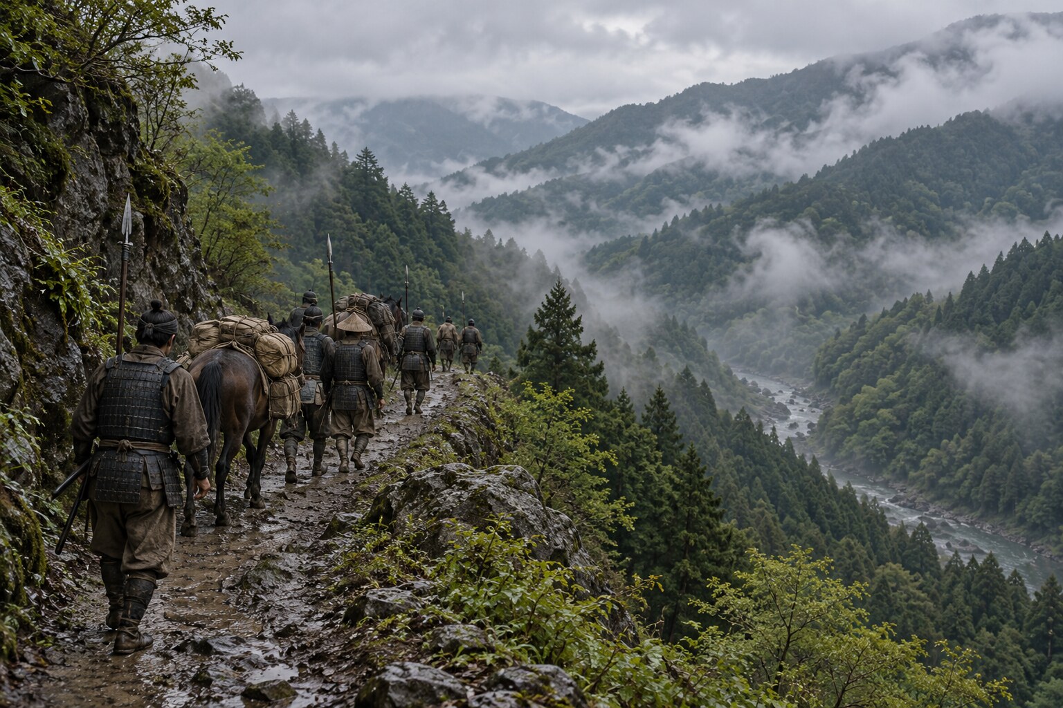 出雲の山道を引き揚げる遠征隊のイメージ（AI生成イメージ）