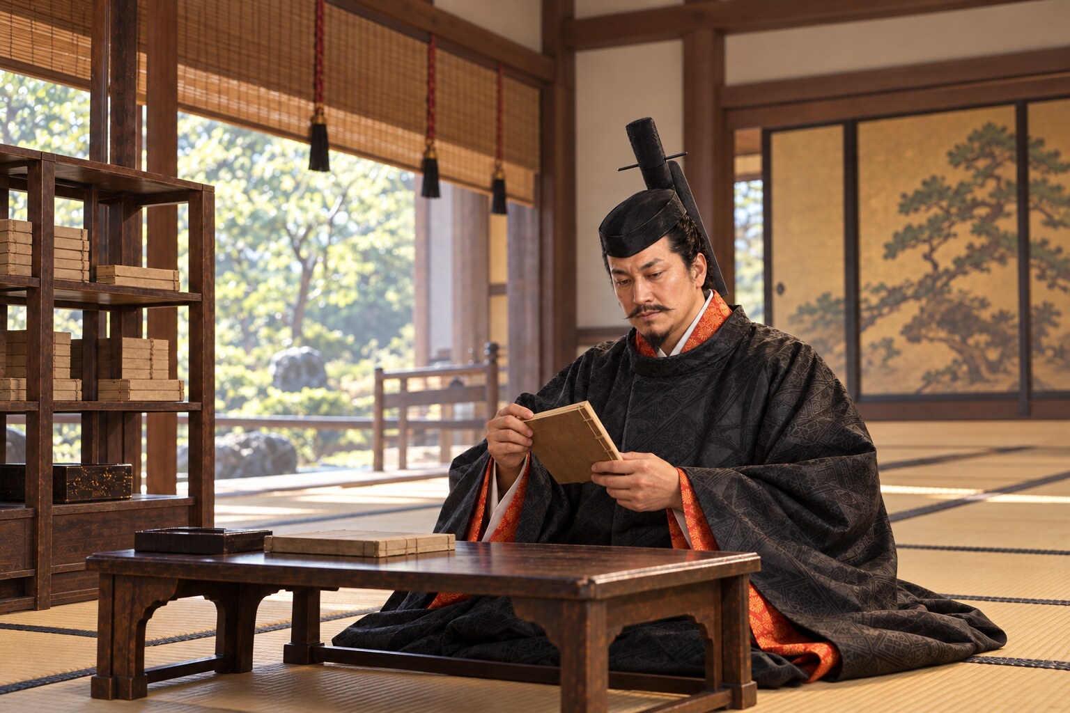 書物を手にする壮年の義隆のイメージ（AI生成イメージ）