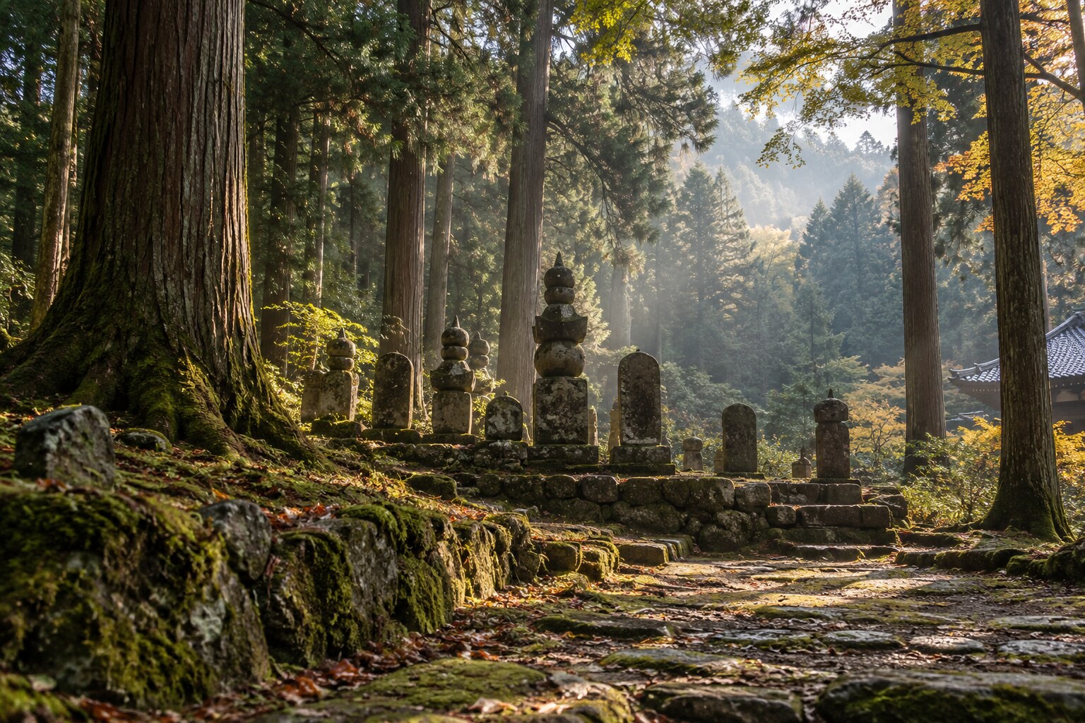 山寺の墓所を想起させる無人の風景。現在の大寧寺の写真ではない（AI生成イメージ）