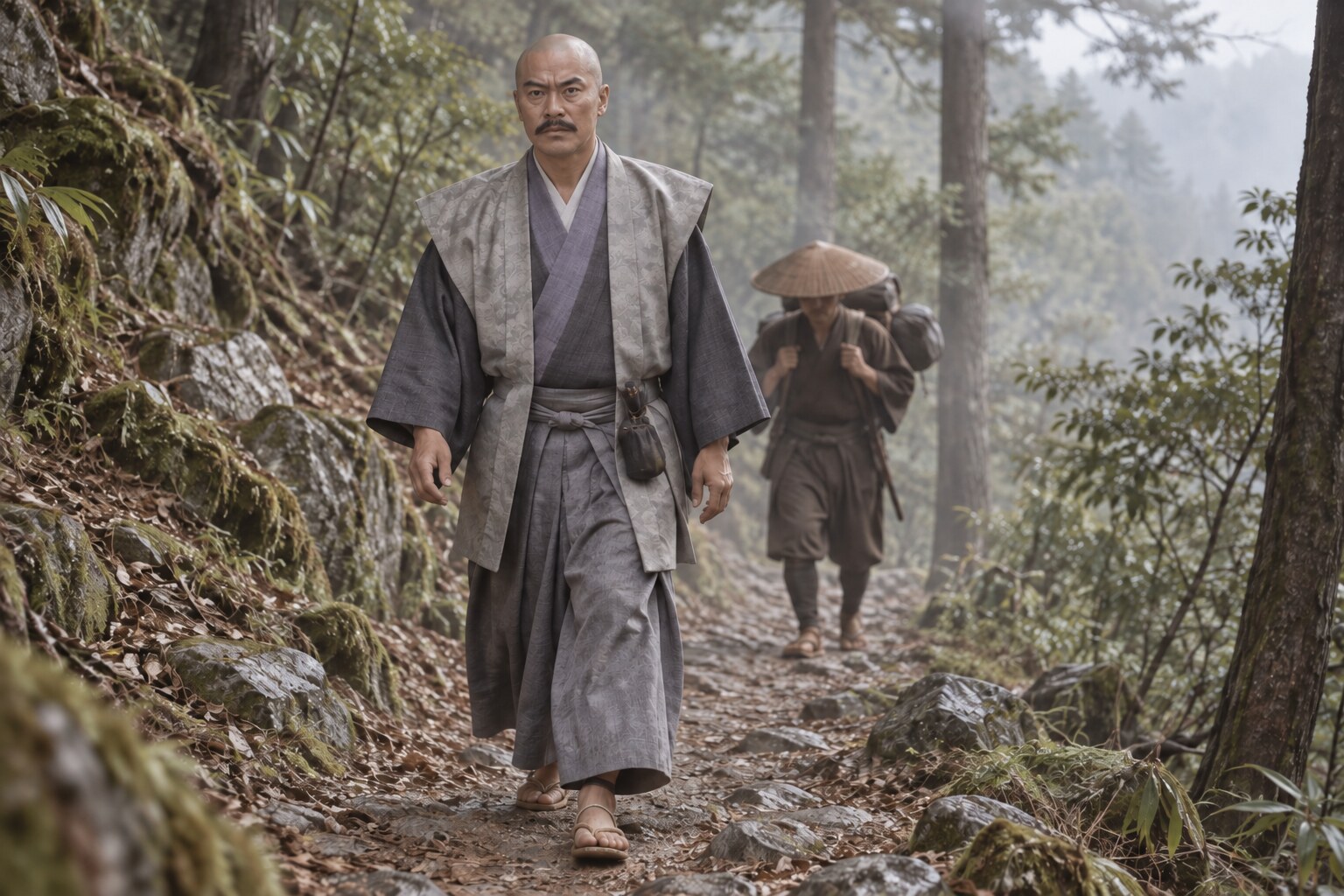 甲賀の山道を進む出家後の承禎と従者のイメージ（AI生成イメージ）