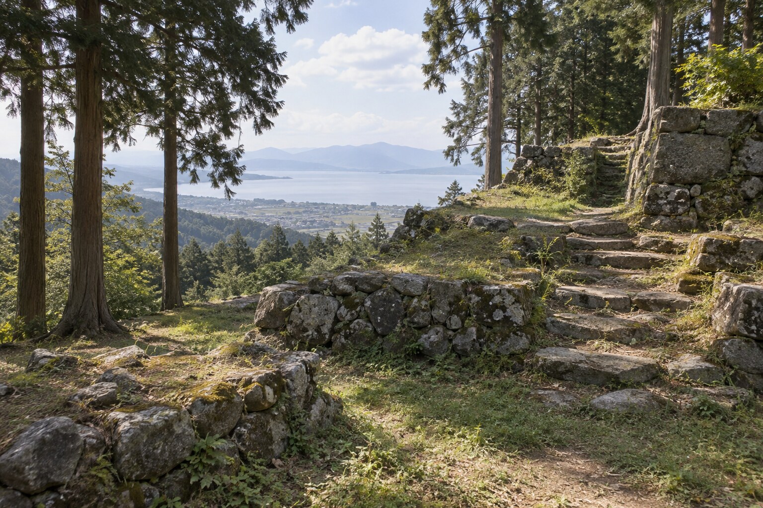 観音寺城の石垣と湖東の景観をもとにした想像図。現地写真ではない（AI生成イメージ）