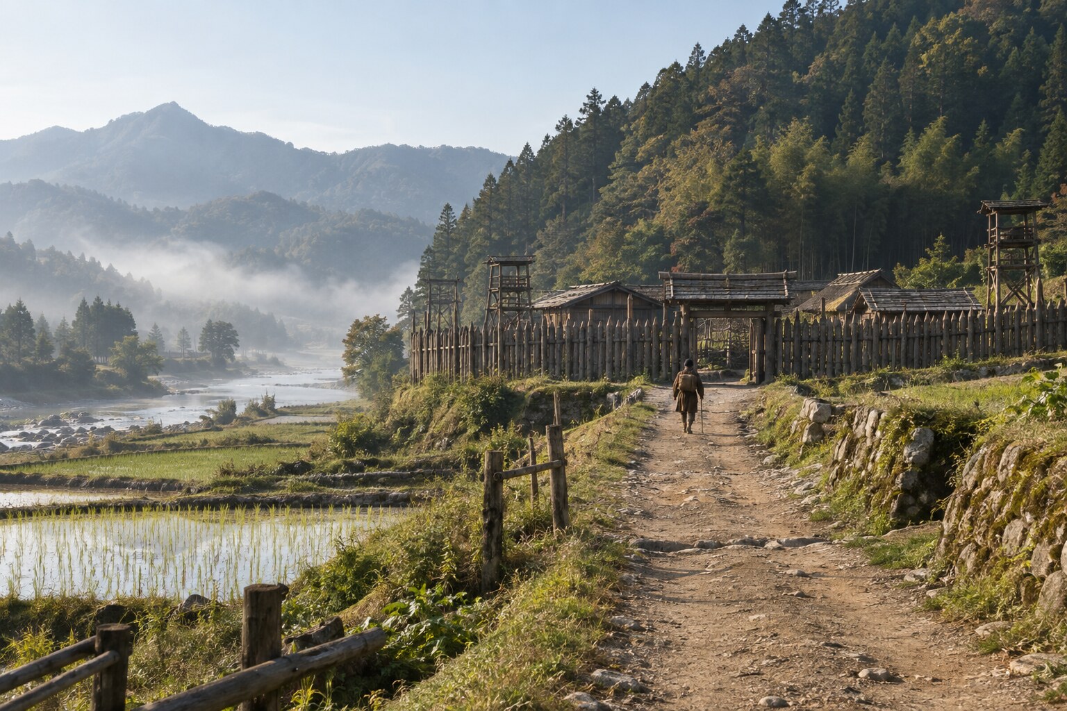 父の美濃進出をイメージした山麓の道と旅人の後ろ姿（想像図）（AI生成イメージ）