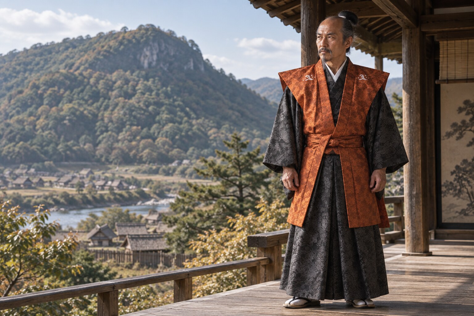 稲葉山麓の館から城下を望む壮年の斎藤利政（想像図）（AI生成イメージ）