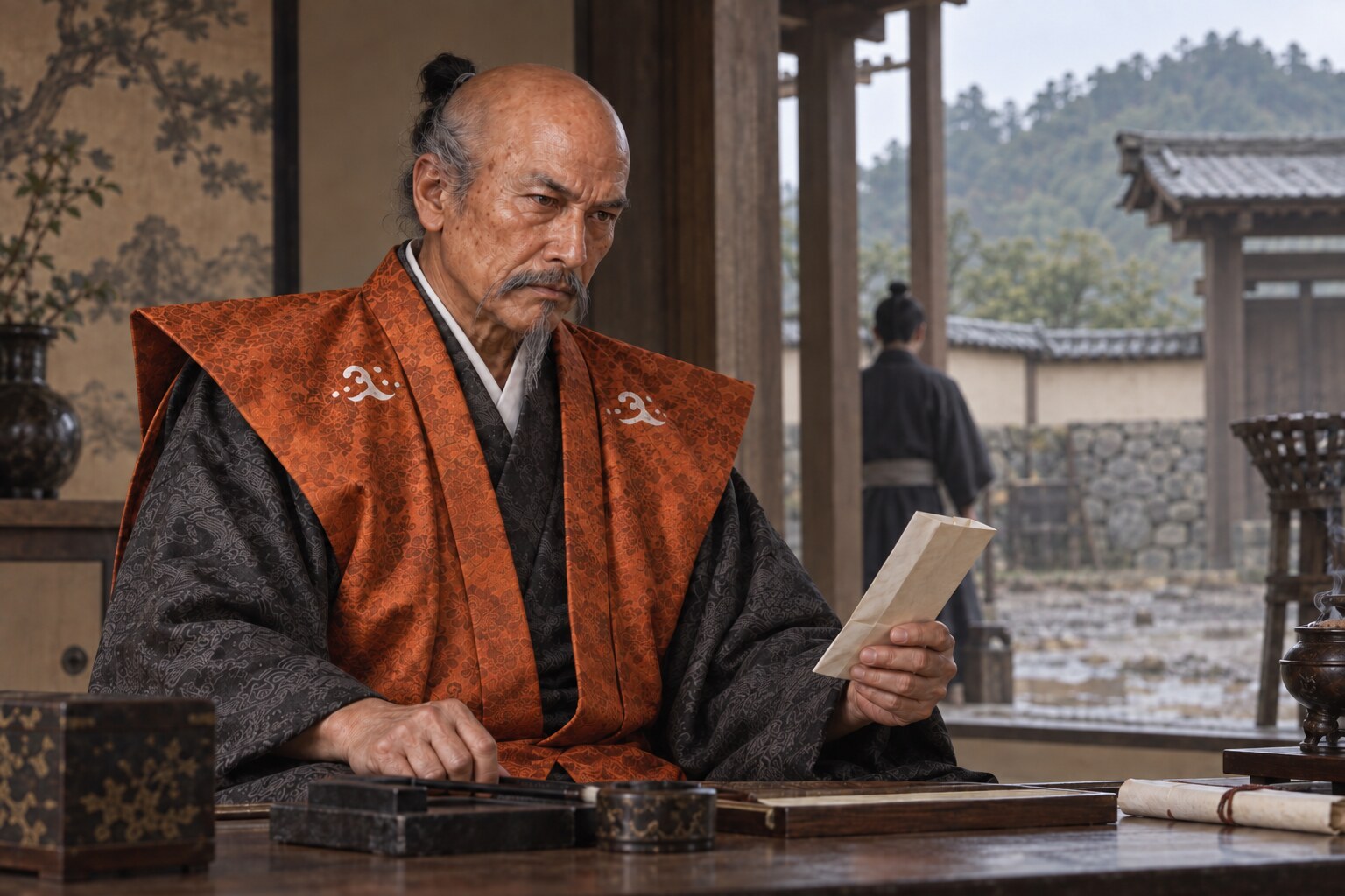 城下を守った後に文書を確かめる利政の姿（想像図）（AI生成イメージ）