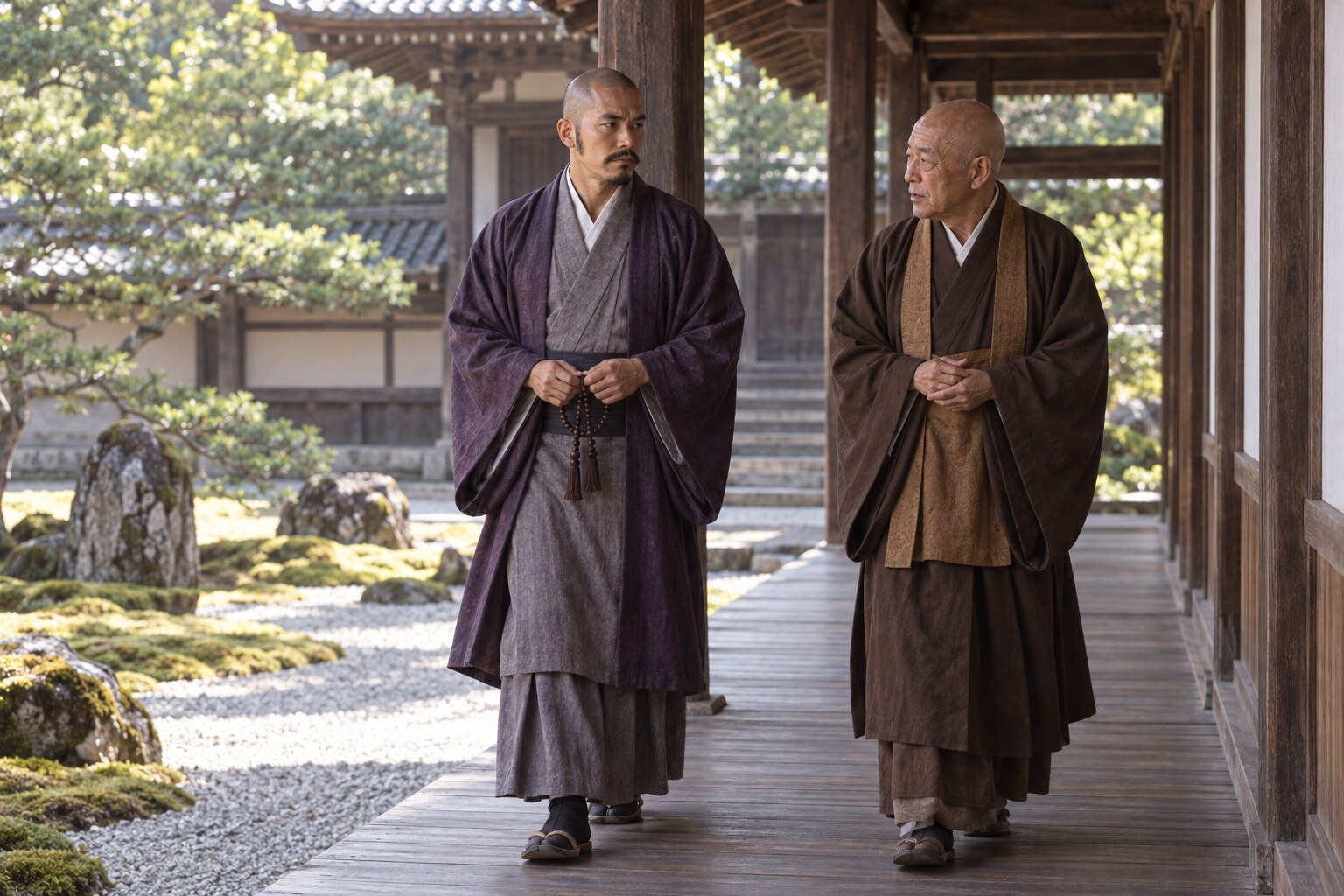 寺の縁側を歩く僧形の義龍の創作場面(AI生成イメージ)