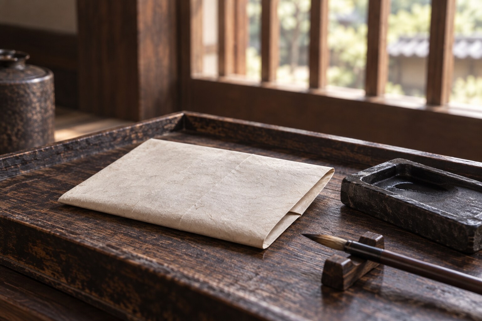 書状と硯の創作静物。現存文書の複製ではない(AI生成イメージ)