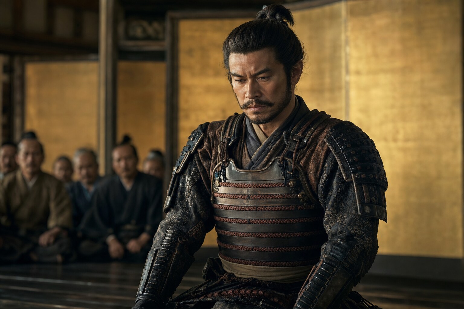 安土城で信長に信康の弁明をする忠次。嫌疑を晴らしきれぬ重い使者(AI生成イメージ)