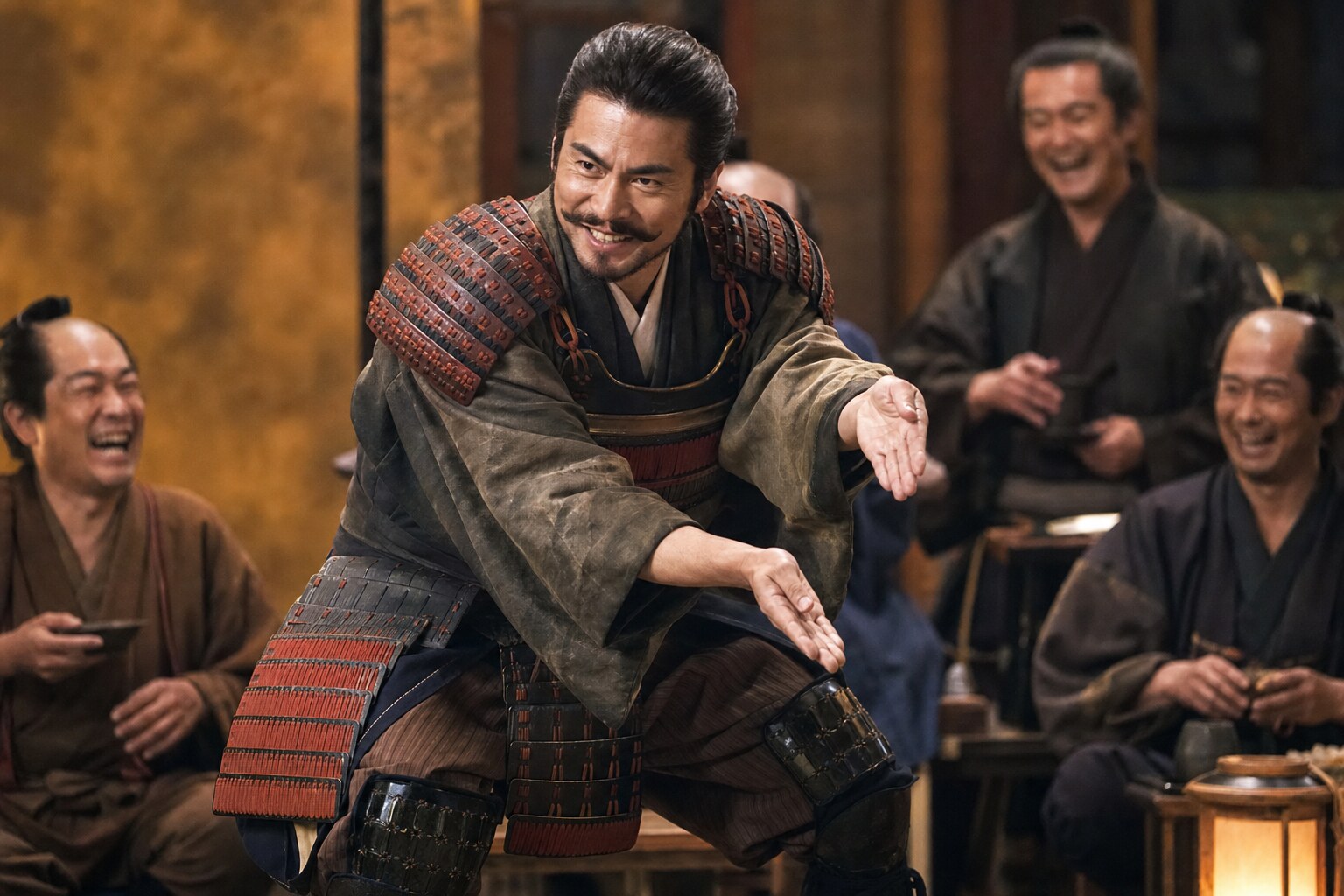 宴席で海老すくいの踊りを披露する忠次。家中を和ませた芸達者な宿老(AI生成イメージ)