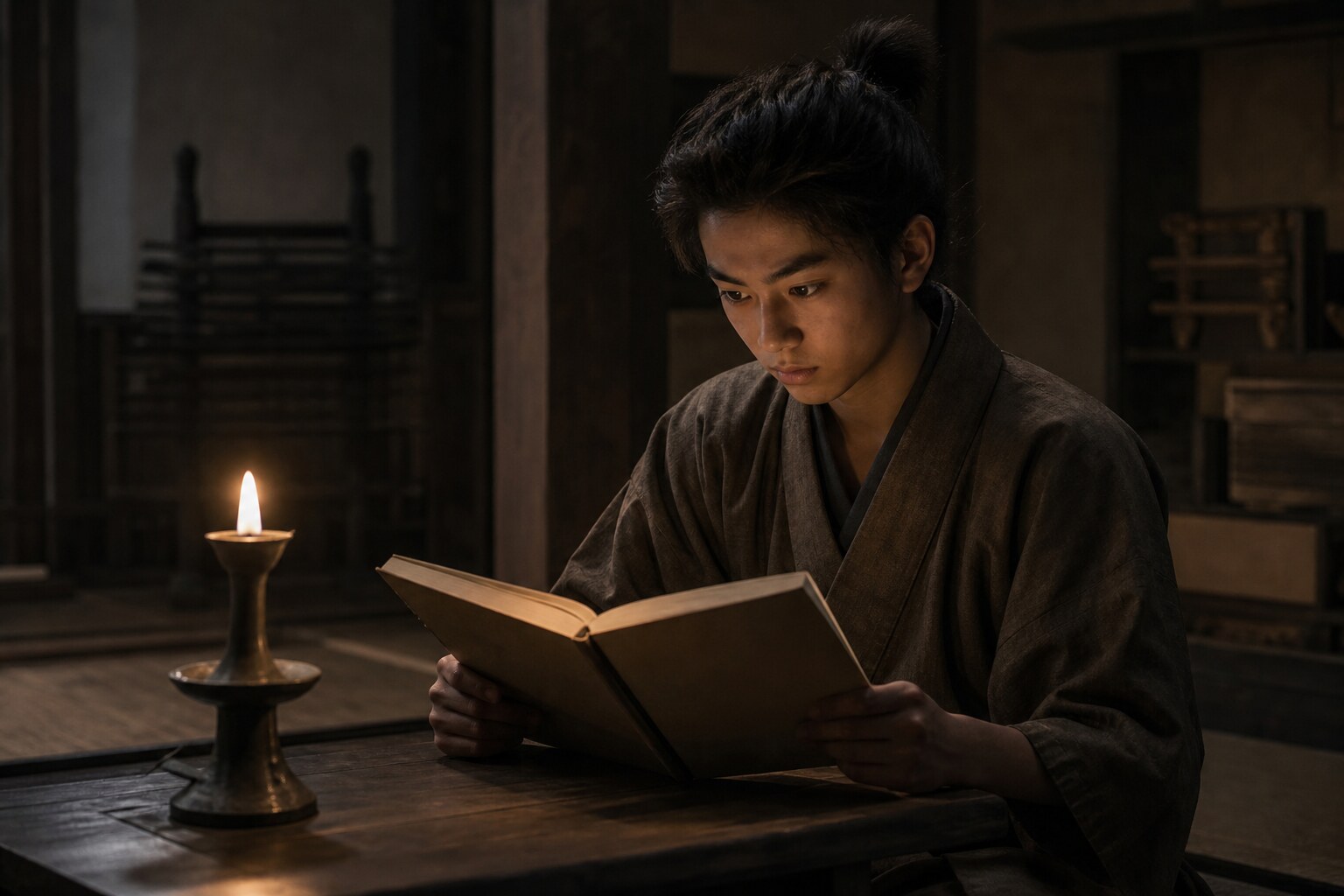 三河上野郷に生まれ、寺で学問を修めた少年期の康政。のちに家康から「康」の一字を賜る（AI生成イメージ）