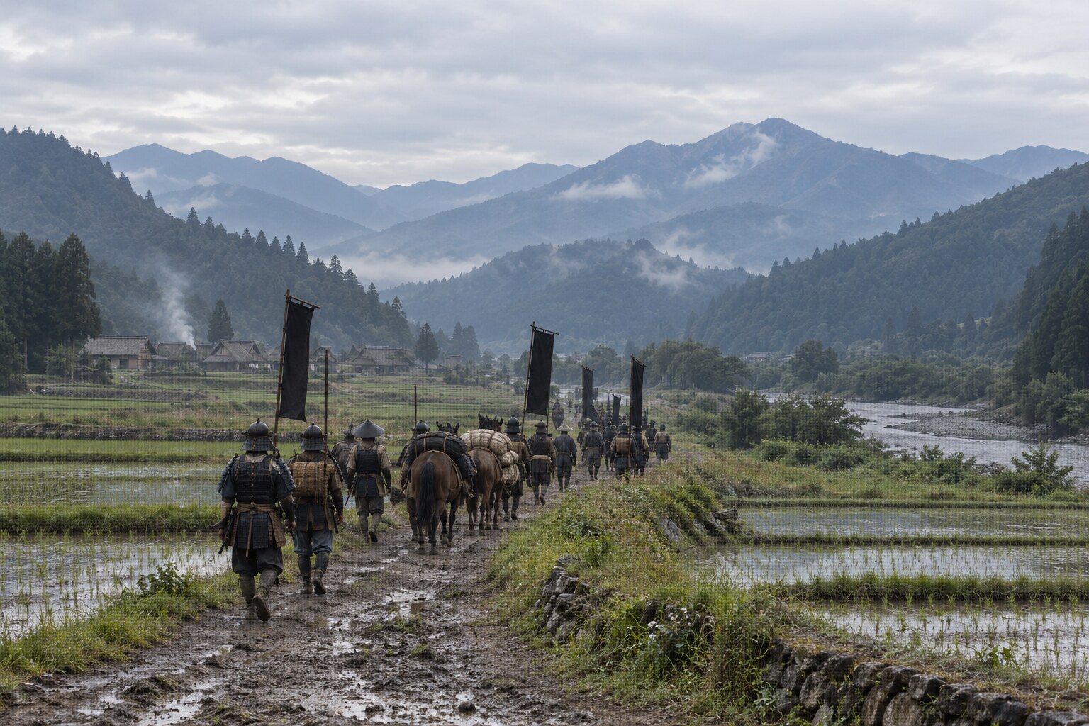 三河へ向かう武田方の軍勢をイメージした行軍風景(AI生成イメージ)