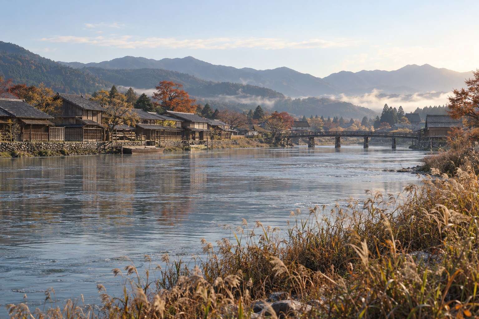 昌輝の子孫が暮らした越前をイメージした川沿いの風景(AI生成イメージ)