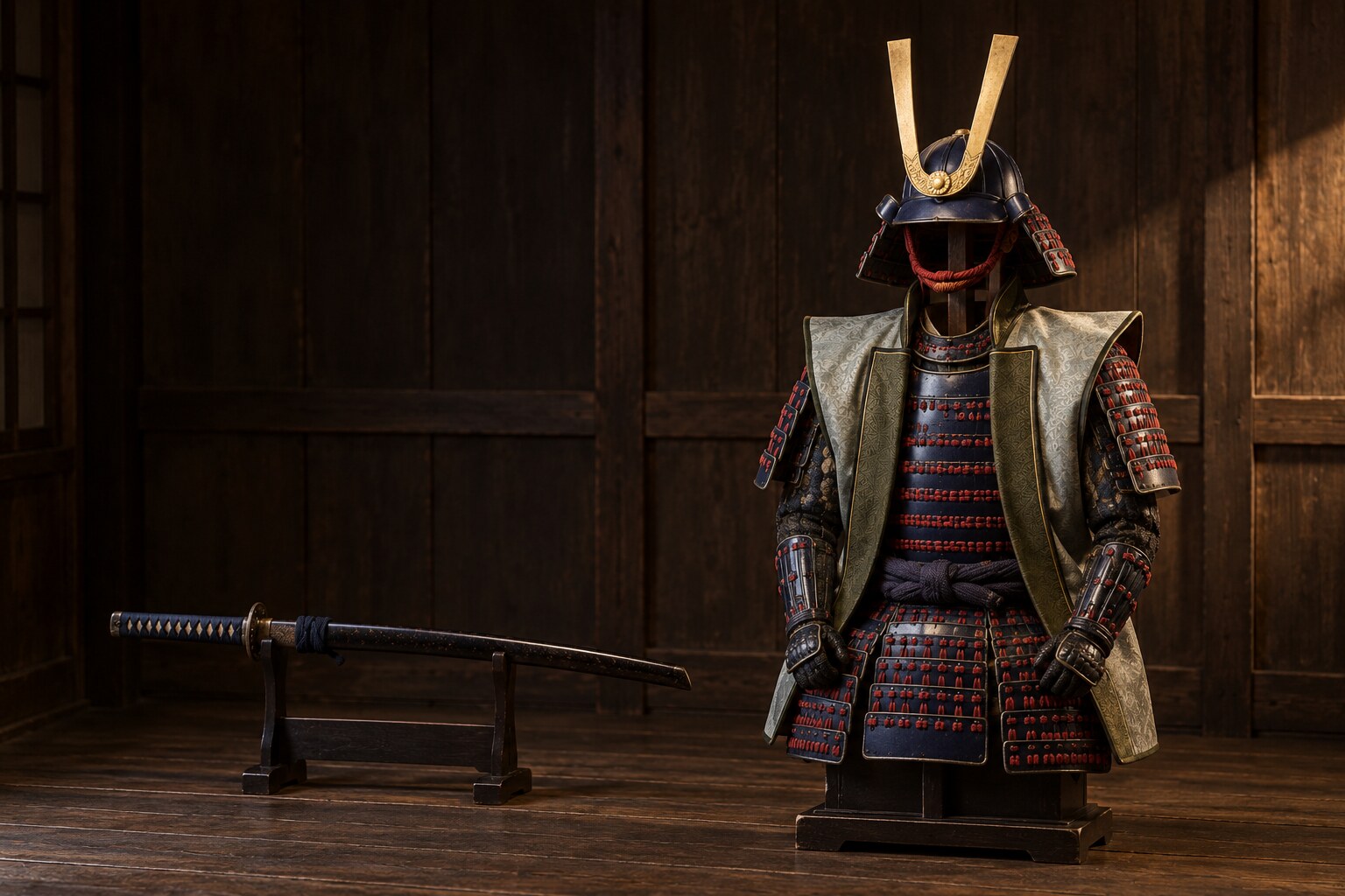 武将像と装備を考えるための甲冑の静物イメージ(AI生成イメージ)