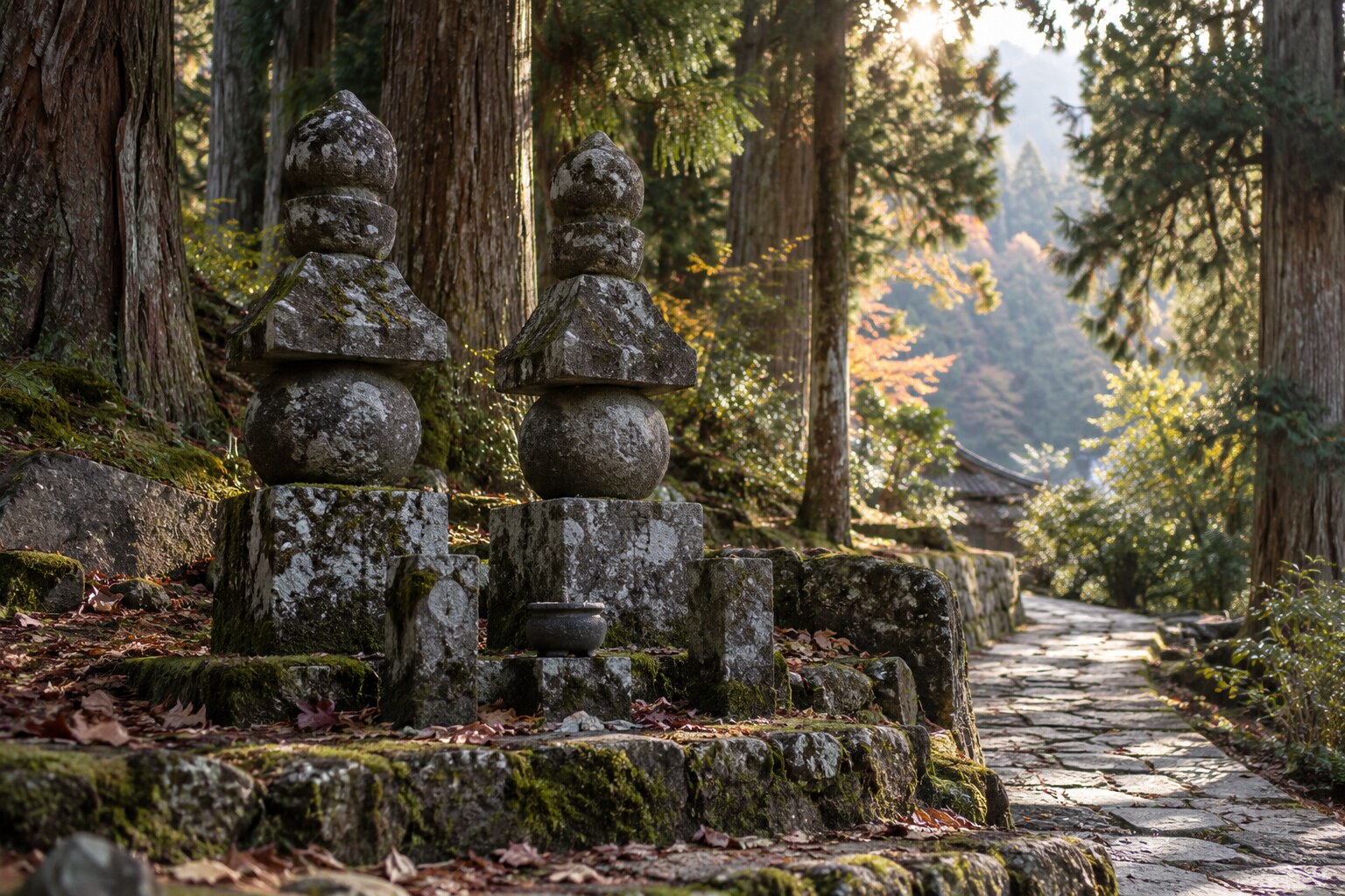 各地の供養を題材にした石塔と木立のイメージ。実在墓所の再現ではない(AI生成イメージ)