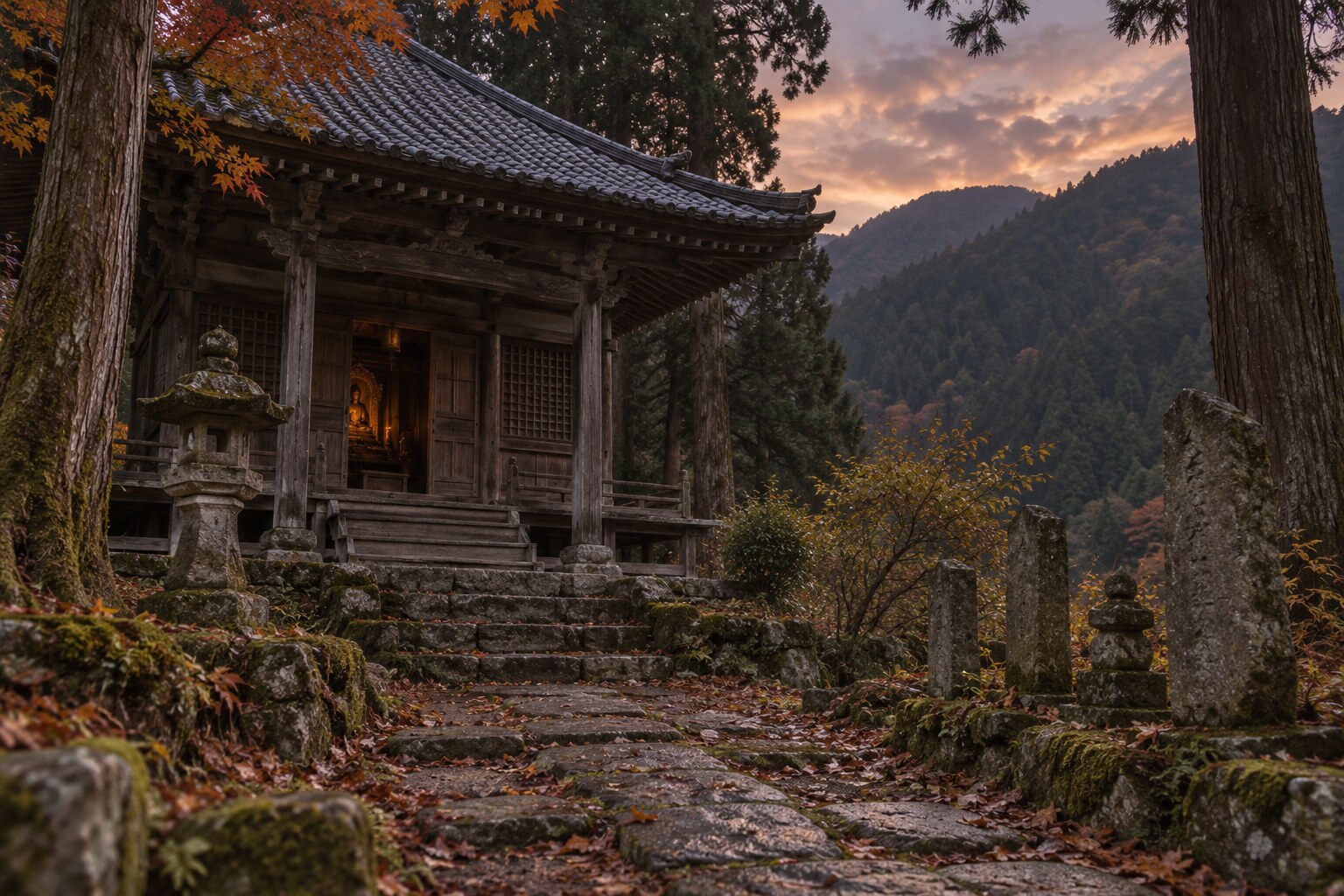 信綱を弔う山里の寺院を表した想像風景。現存建築の復元ではない（AI生成イメージ）