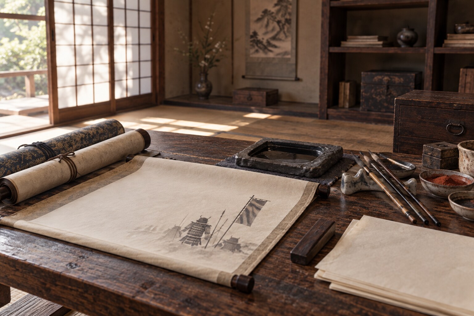 武将図の制作を思わせる画工の道具と巻物の想像図（AI生成イメージ）