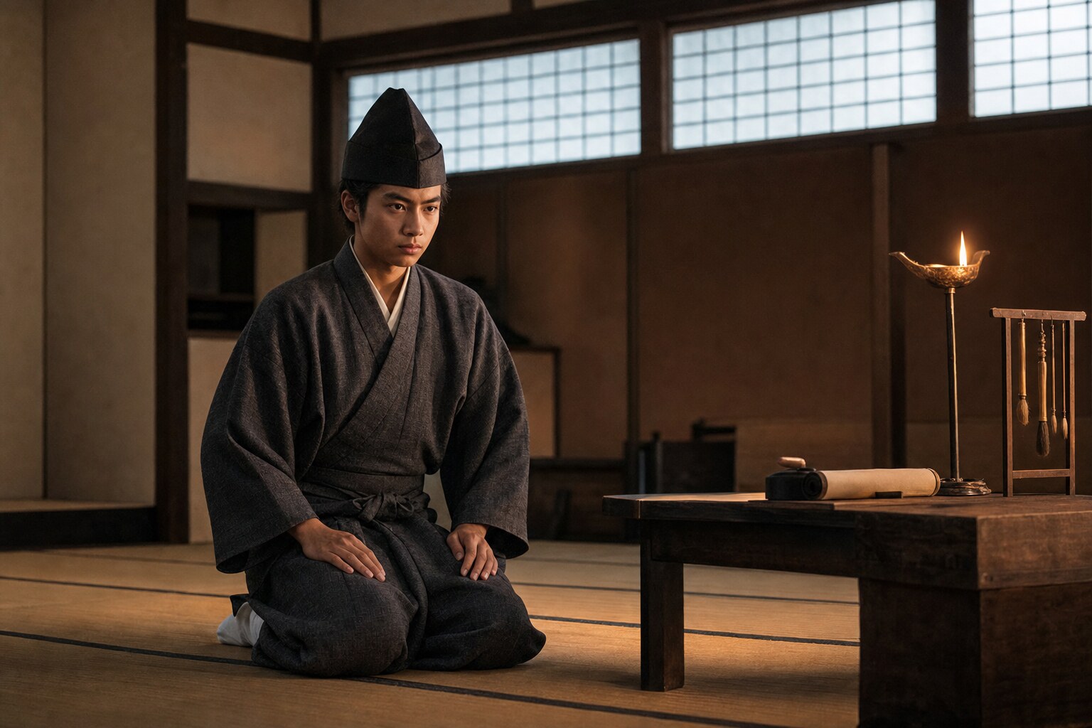 甲府武田館に出仕する信幸少年（AI生成イメージ）