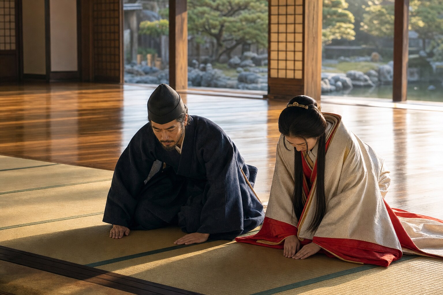 駿府で家康に拝謁する信幸夫妻（AI生成イメージ）