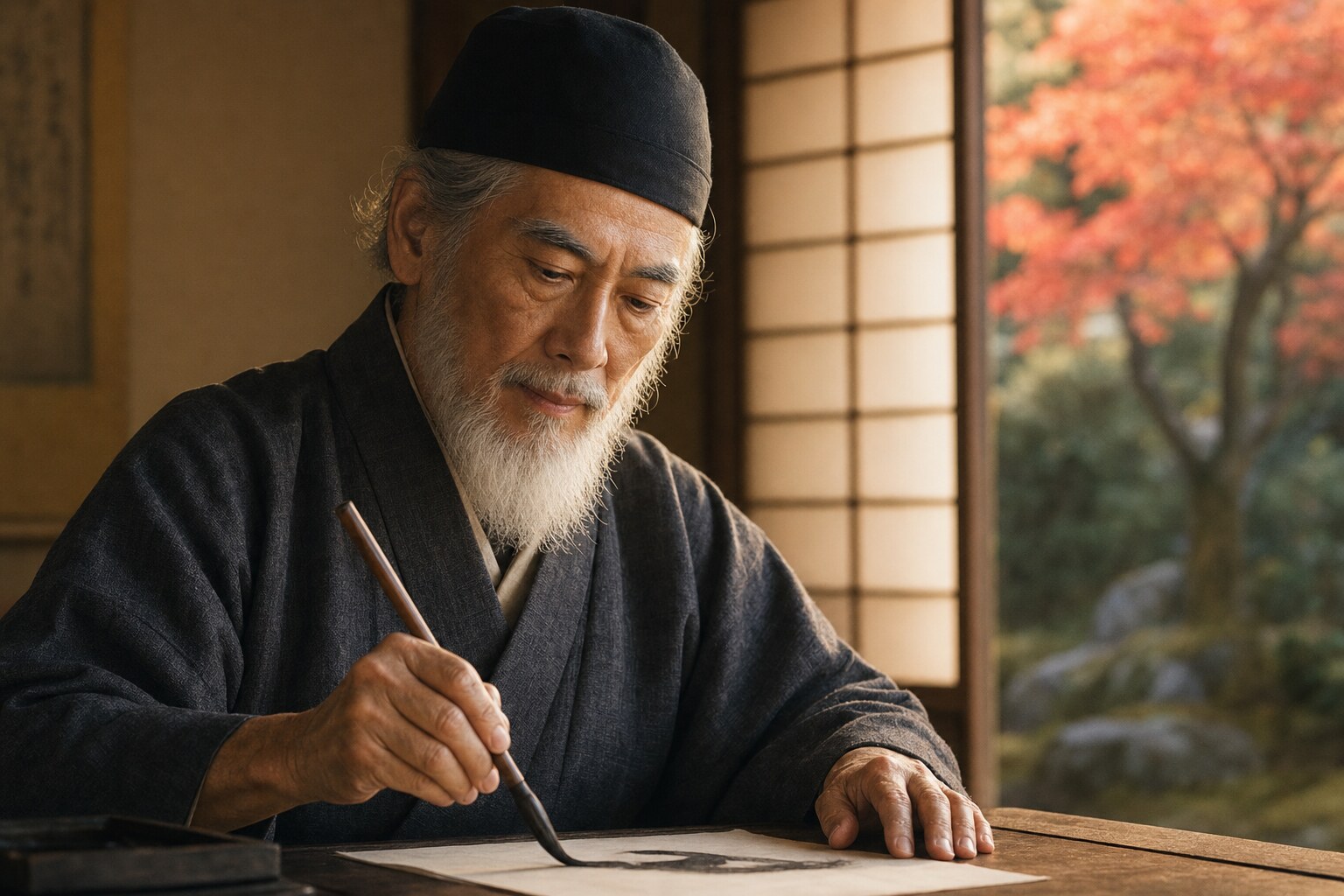 松代の隠居所で筆を執る老信之（AI生成イメージ）
