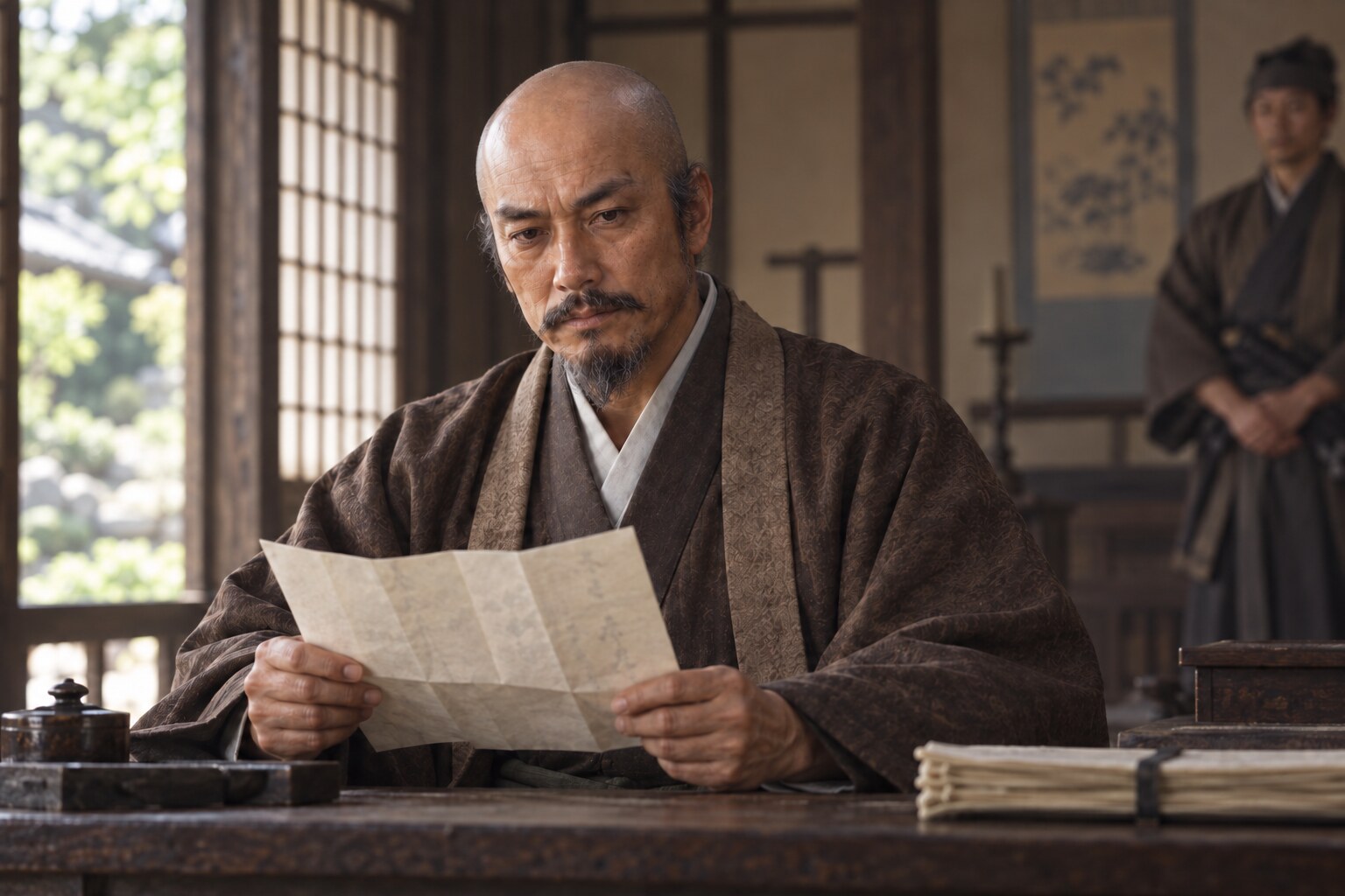 晩年の幸隆と書状による連絡を題材にした想像図（AI生成イメージ）