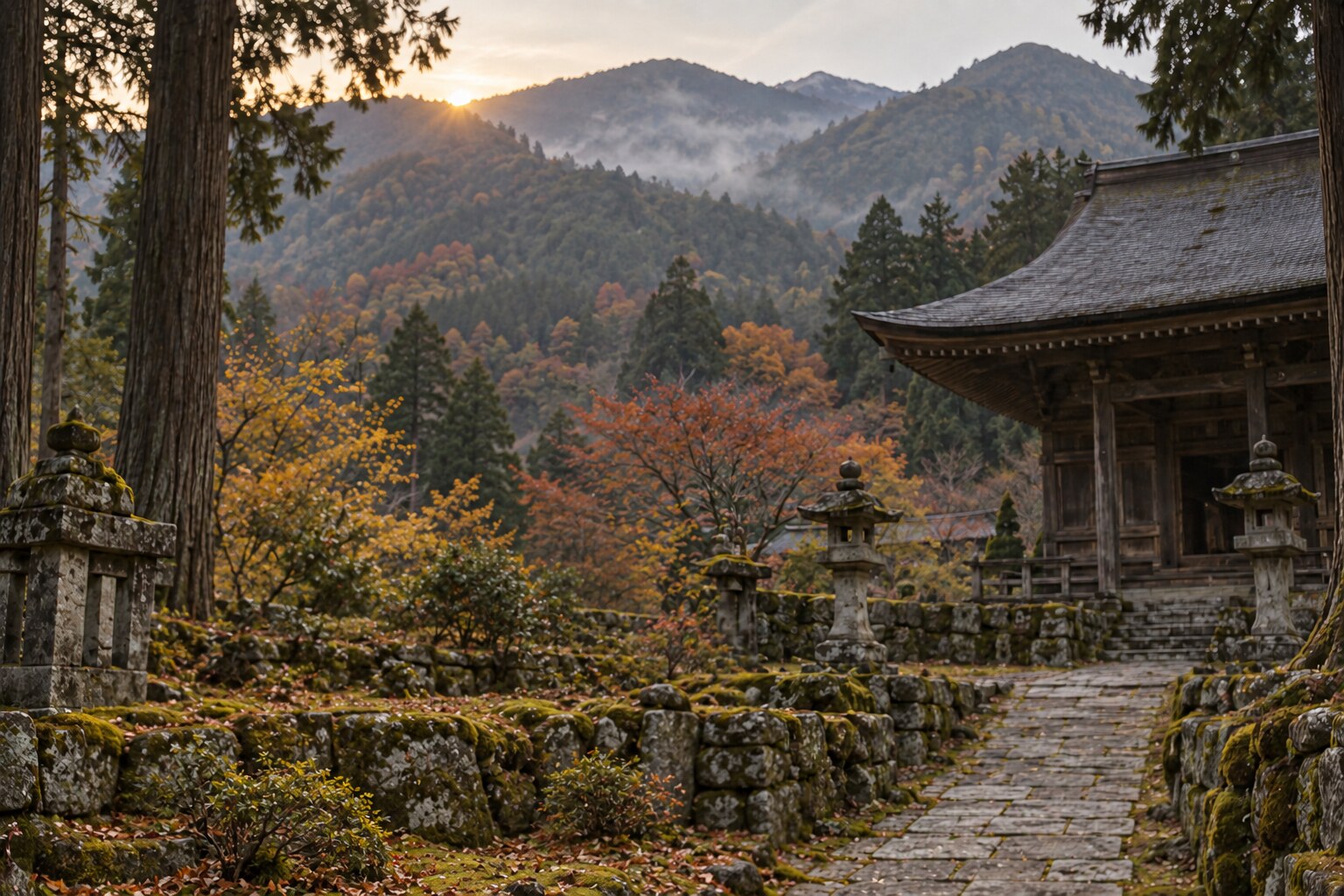 長谷寺と真田郷の寺院を題材にした想像風景。現地の実景写真ではない（AI生成イメージ）