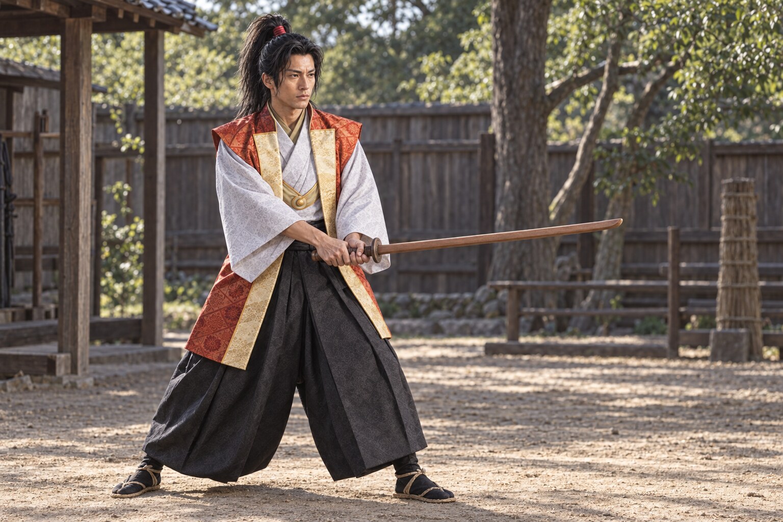 木刀で稽古する小次郎の想像図（巌流の技法を復元したものではない）（AI生成イメージ）