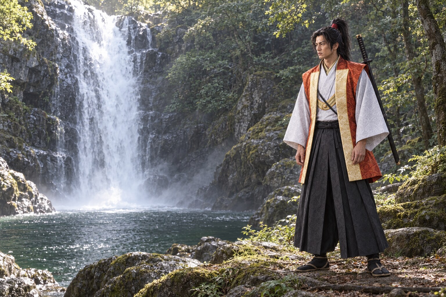燕返しの修業伝承をもとにした滝と剣士の想像図（一乗滝の実写ではない）（AI生成イメージ）