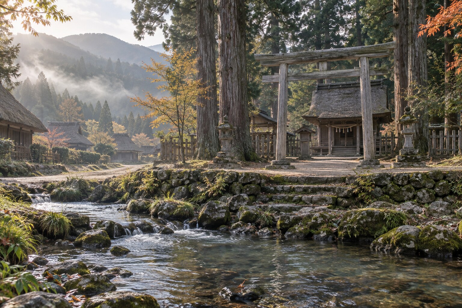 六郷の寺社と湧水を題材にしたAI生成の想像図。特定社殿の復元ではない(AI生成イメージ)