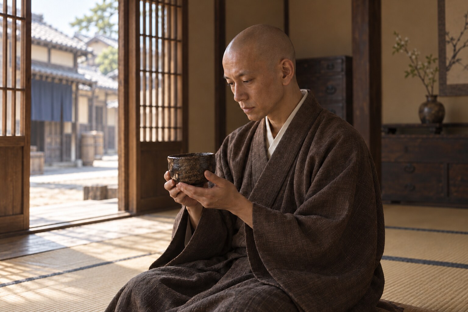 堺の座敷で茶碗を手にする若い宗易の想像場面(AI生成イメージ)