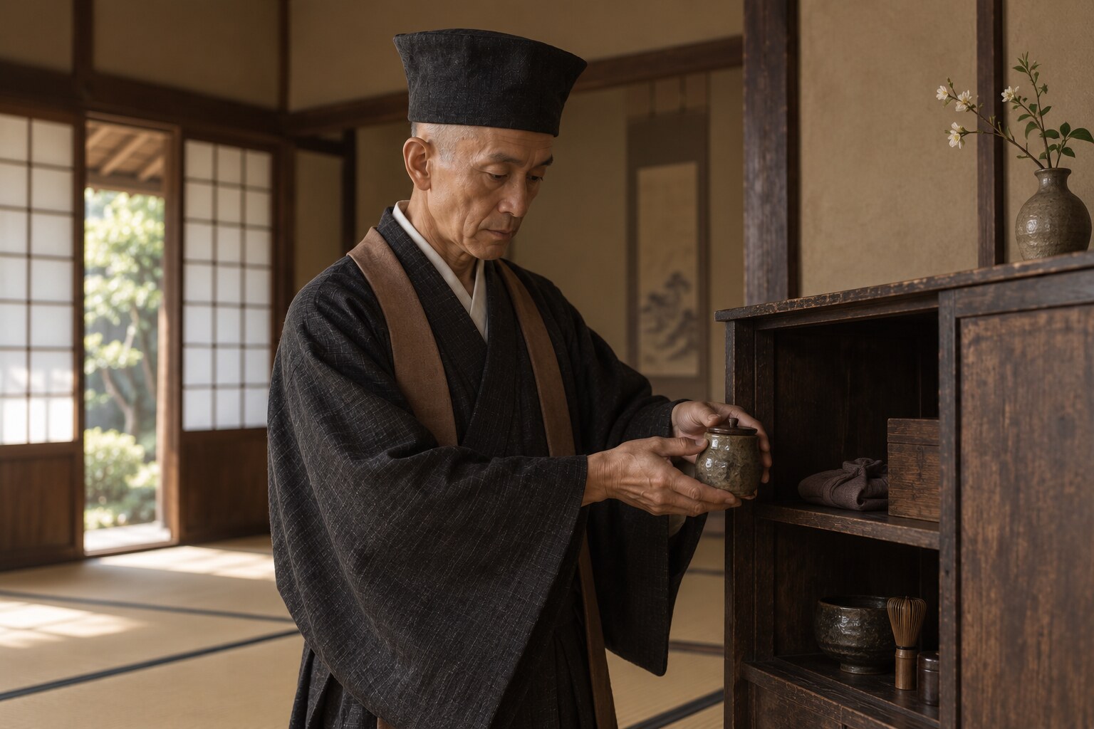 信長の茶会に備えて茶入を扱う壮年の宗易の想像場面(AI生成イメージ)