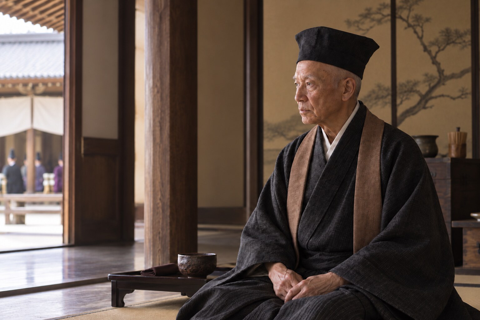 宮中の茶会を支える利休を表した想像場面。建物や儀礼の復元ではない(AI生成イメージ)